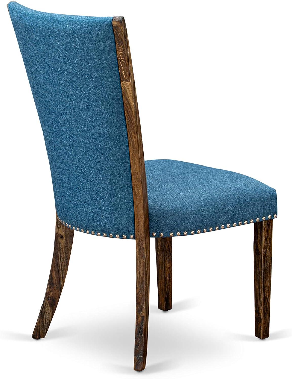 Verona Distressed Jacobean Wood Frame Dining Chair with Blue Linen Fabric Seat with Nail Head & Stylish Back - Set of 2