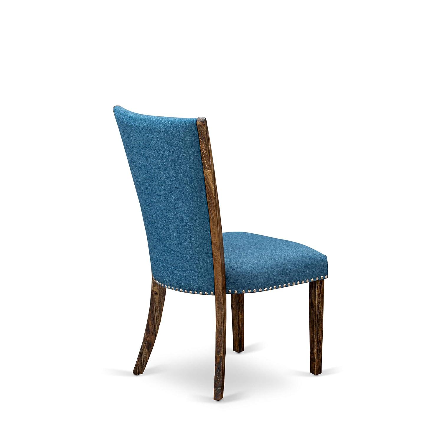Verona Distressed Jacobean Wood Frame Dining Chair with Blue Linen Fabric Seat with Nail Head & Stylish Back - Set of 2