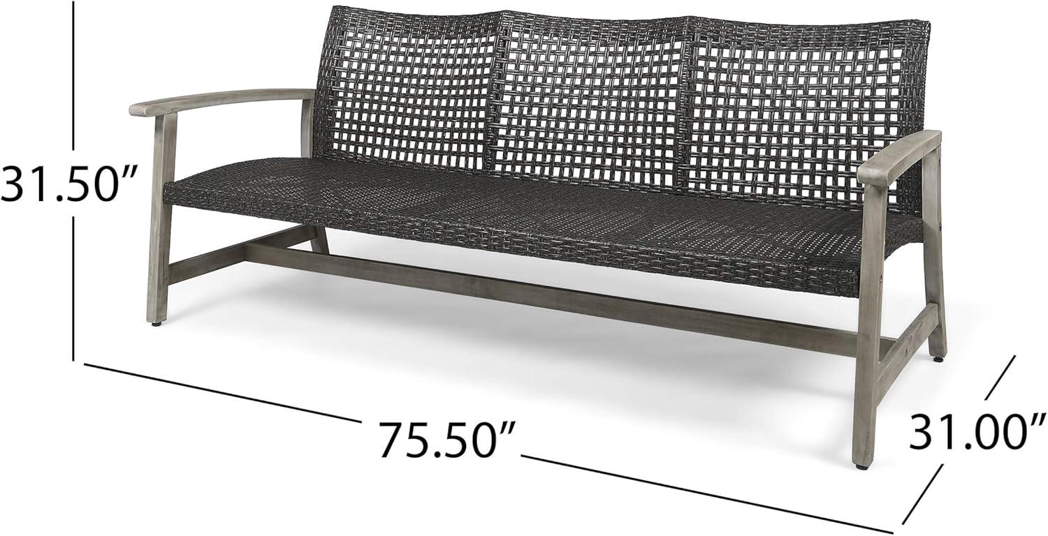 Marcia Light Gray Wood and Black Wicker Three-Seat Outdoor Sofa