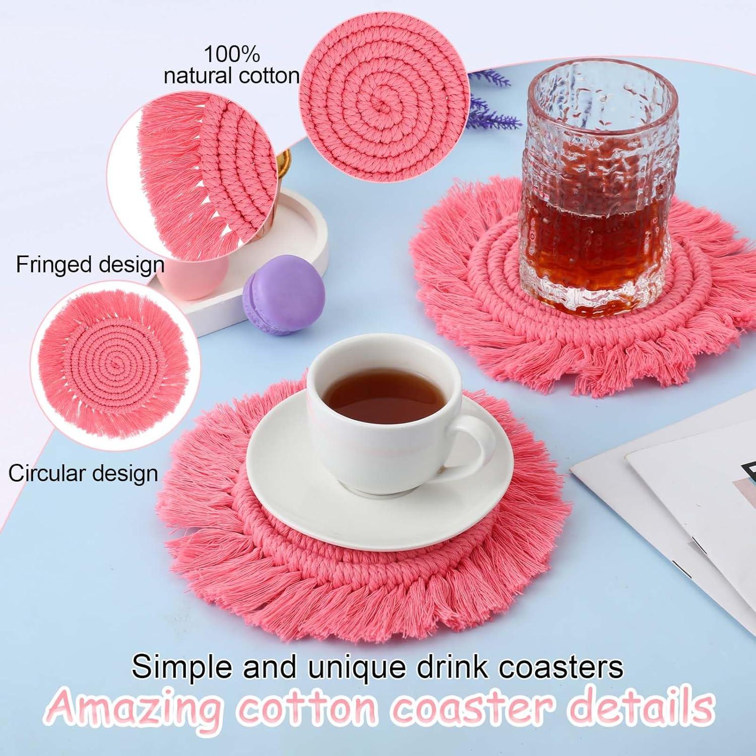 2 Pcs Macrame Boho Coasters for Drinks Absorbent Coasters with Tassel Farmhouse Handmade 7" Round Cotton Coasters for Desk Table Kitchen Office Home Bar Tabletop Protection Housewarming Gift, Pink