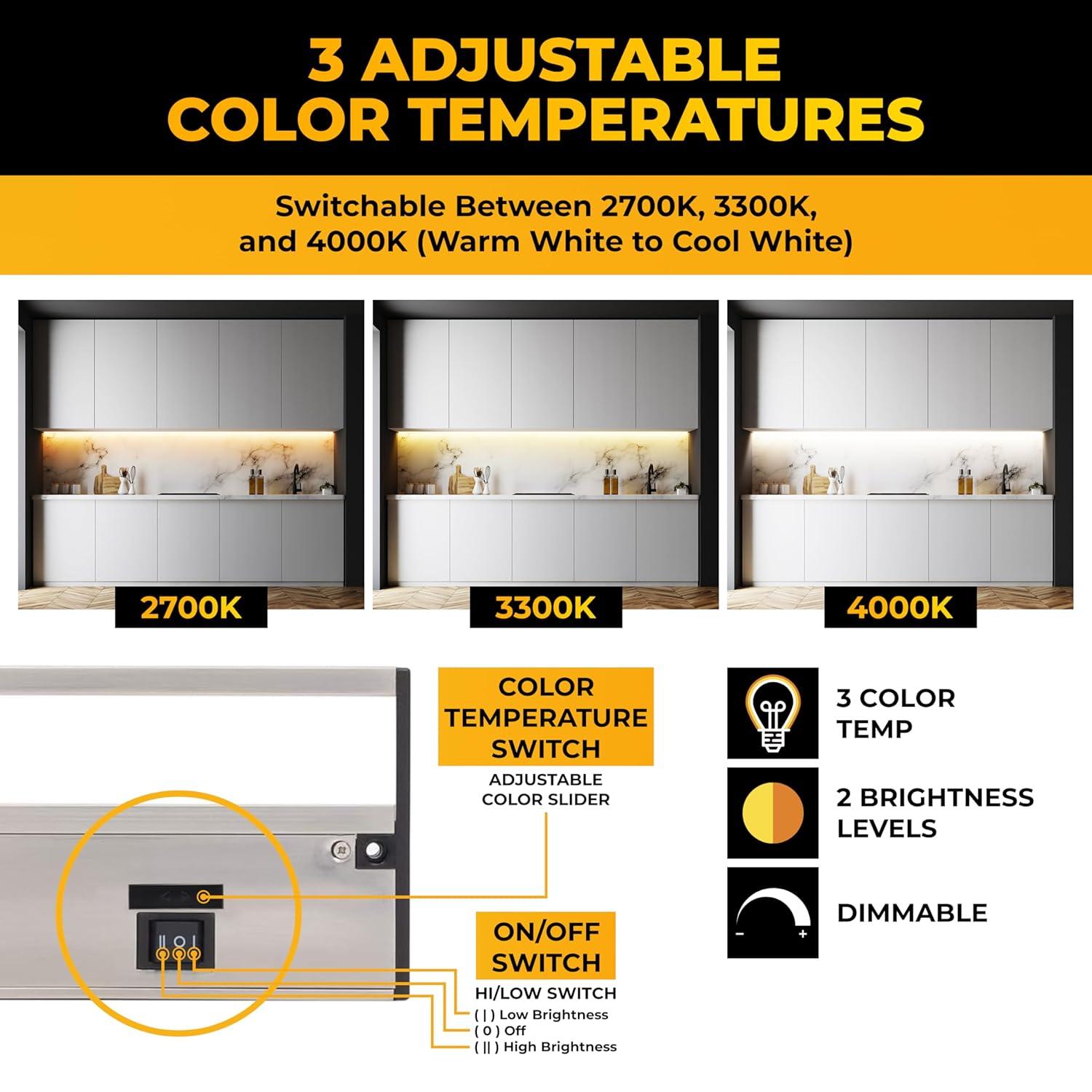 LED Under Cabinet Lighting Hardwired - 3CCT 24 Inch Satin Finish - Undercabinet Lights for Kitchen - Linkable Undercounter Dimmable Plug in Light or Hard Wired - Under Counter Fixture Direct Wire