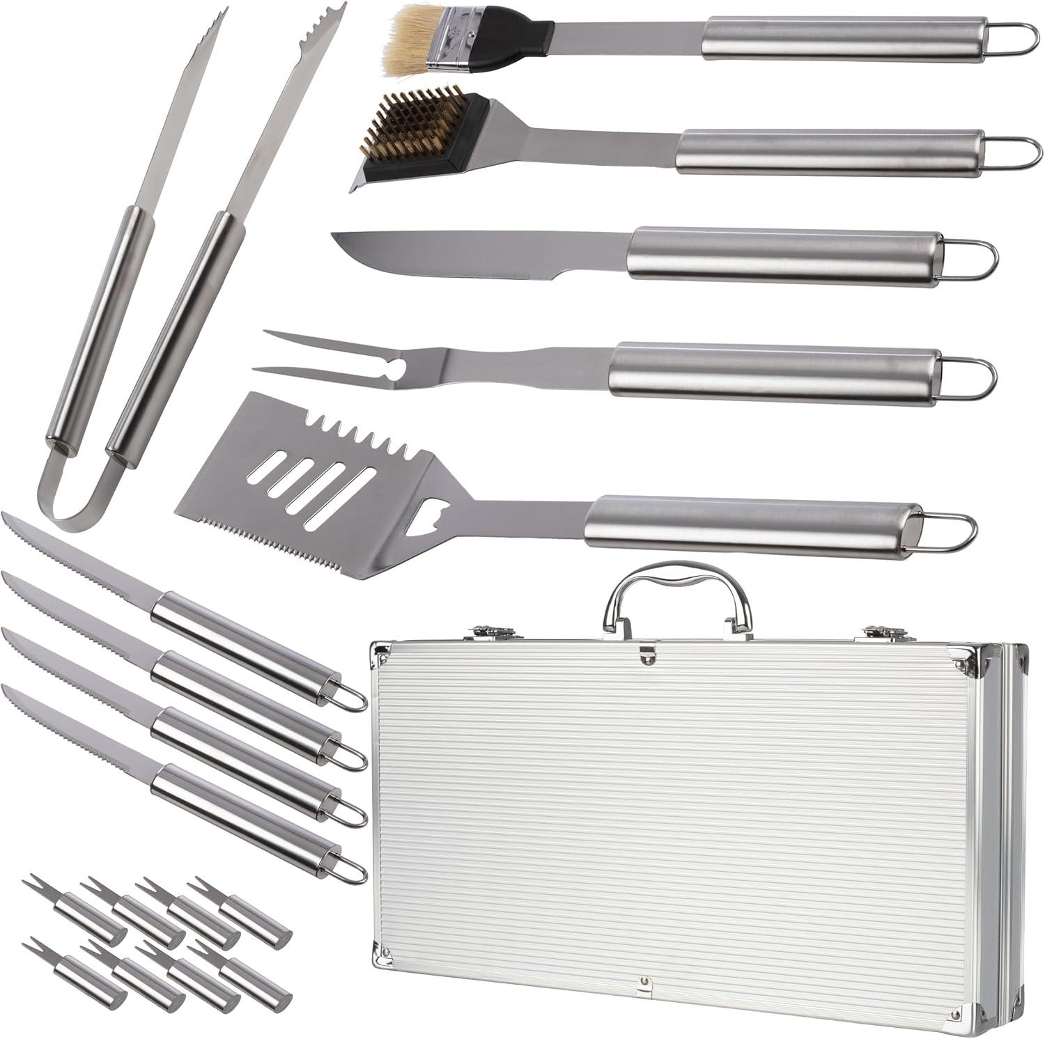 BBQ Grill Accessories Kit - 19-Piece Stainless-Steel Grilling Tools Set with Carrying Case - Camping Utensils for Summer Outdoor Cooking by Chef Buddy