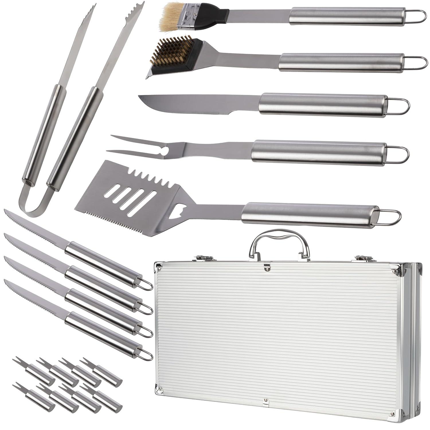 BBQ Grill Accessories Kit - 19-Piece Stainless-Steel Grilling Tools Set with Carrying Case - Camping Utensils for Summer Outdoor Cooking by Chef Buddy