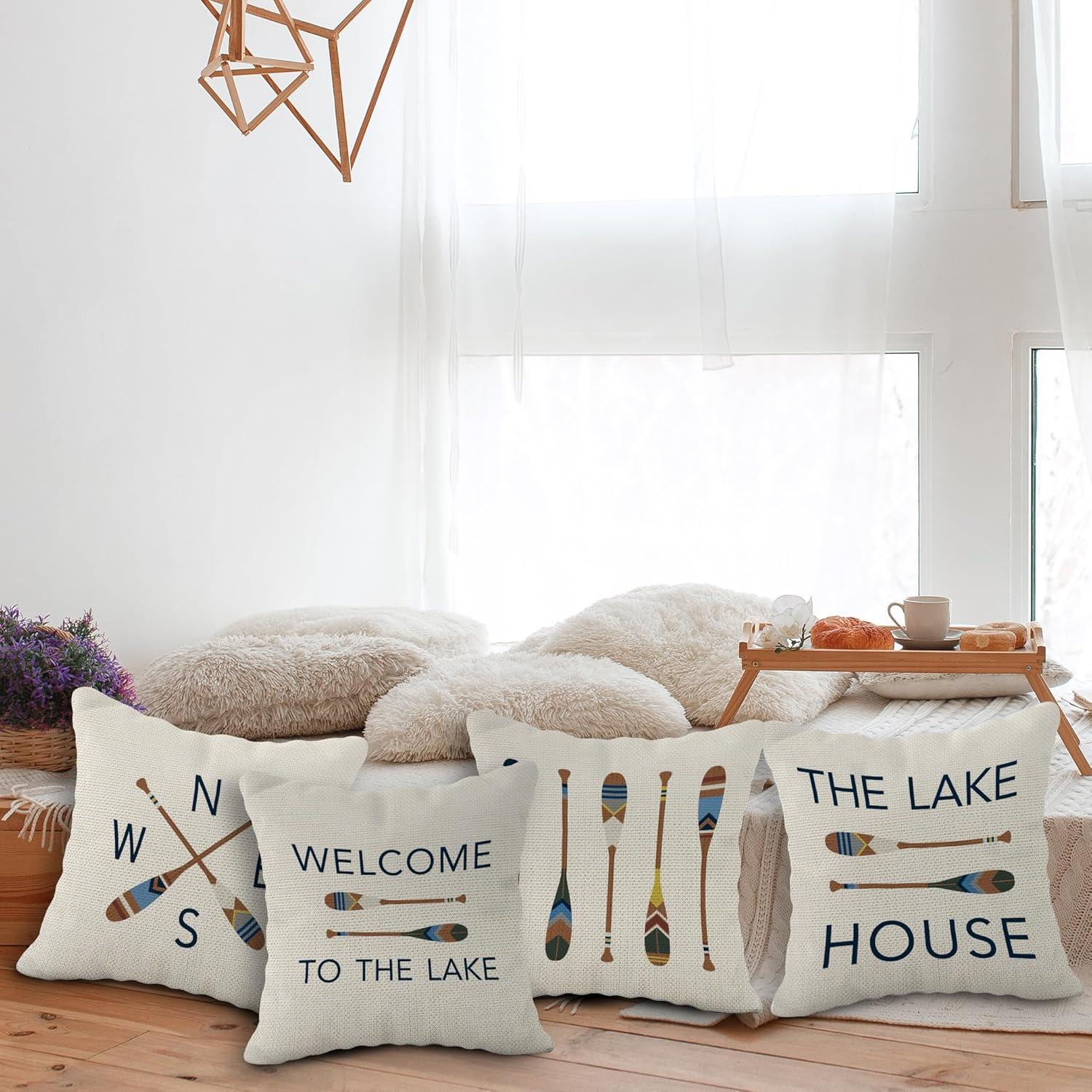 Lake House Decor Lake Pillows Case 20 x 20 Inch Set of 4, Lake Paddle Decor, Lake House Rules Decor, Lake House Decor, Lake House Room Decor Pillows Cover for Sofa Couch Bed (White).