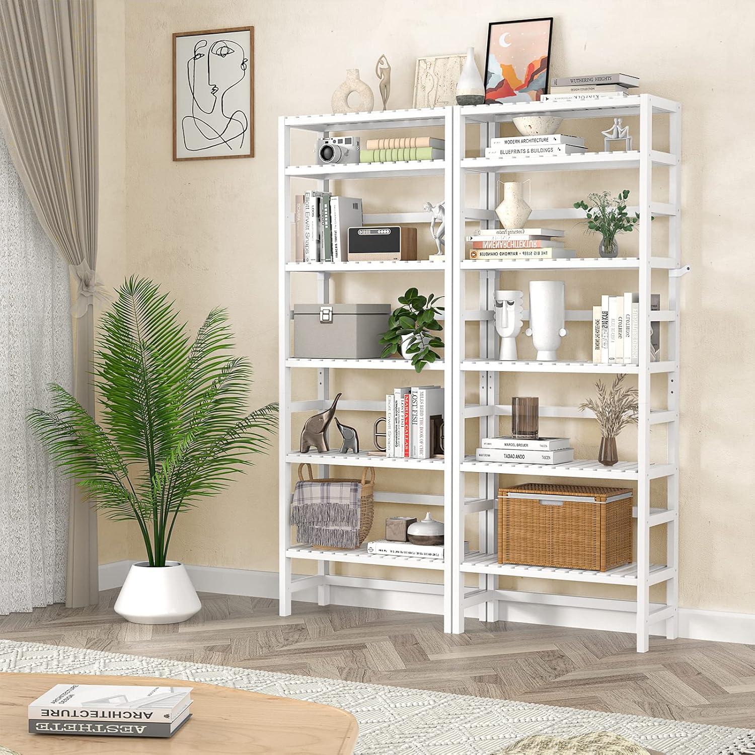 Bookshelf,6 Tier Bamboo Adjustable Bookshelves,Tall Bookcase Shelf Storage Organizer,Free Standing Storage Shelving Unit for Living Room,Bedroom,Bathrrom and Home Office,White