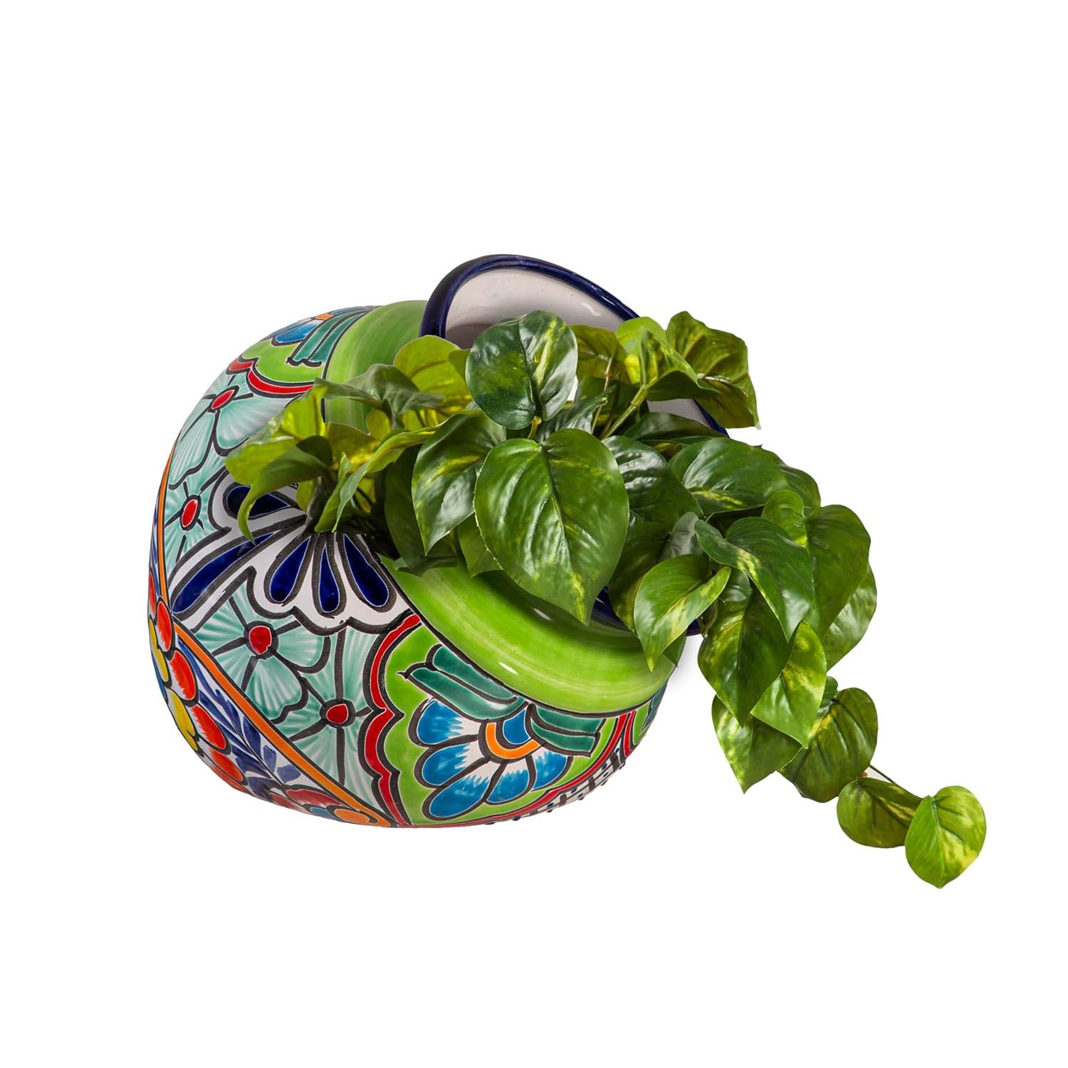 Green Tilted Talavera Ceramic Floral Planter, 10 Inch