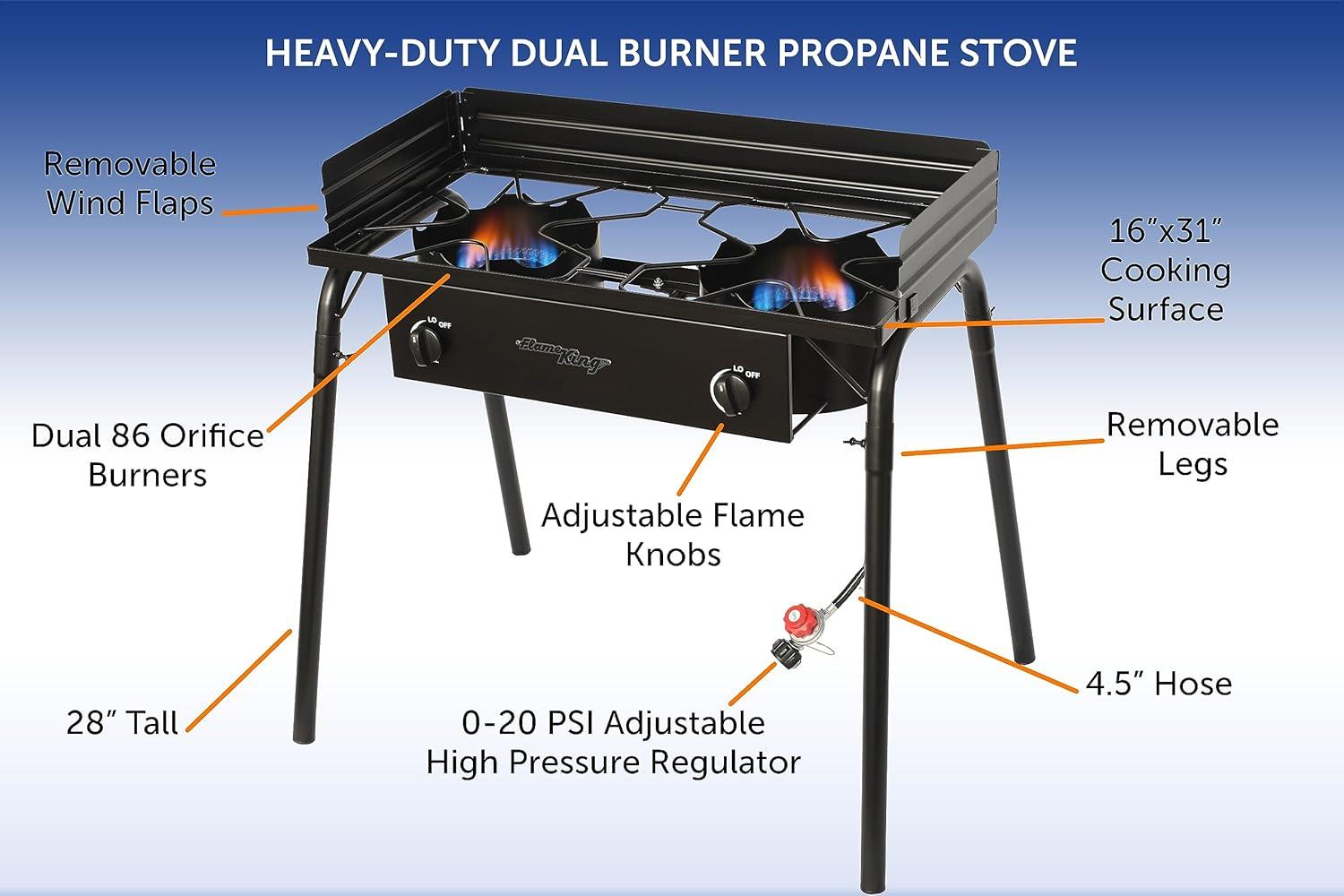 Flame King Standup 2 Burner Camp Stove, Propane Camping Stove, 200K BTU, Black, 31” x 16” x 35”