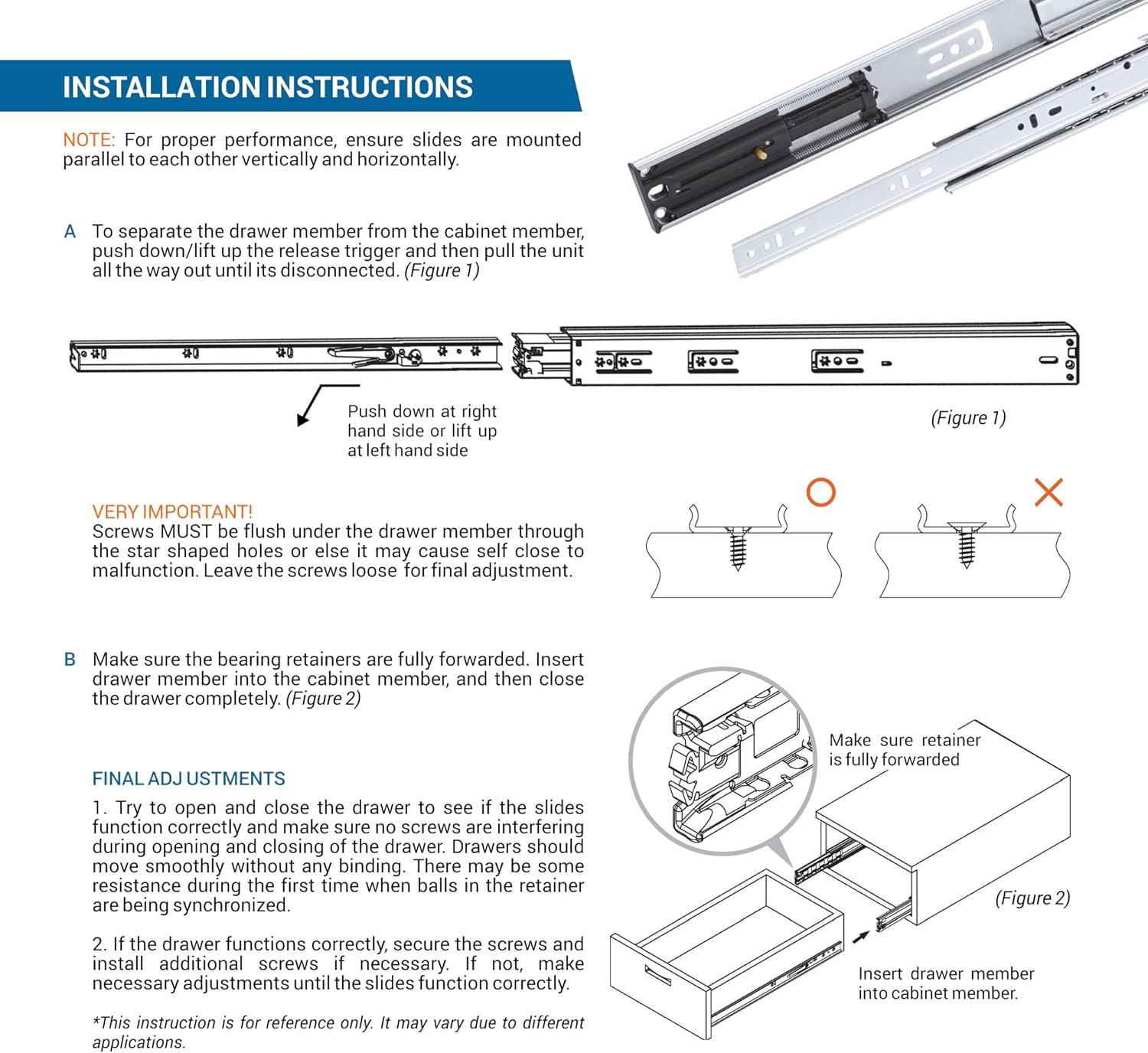 12" Zinc Soft Close Full Extension Drawer Slides with Screws