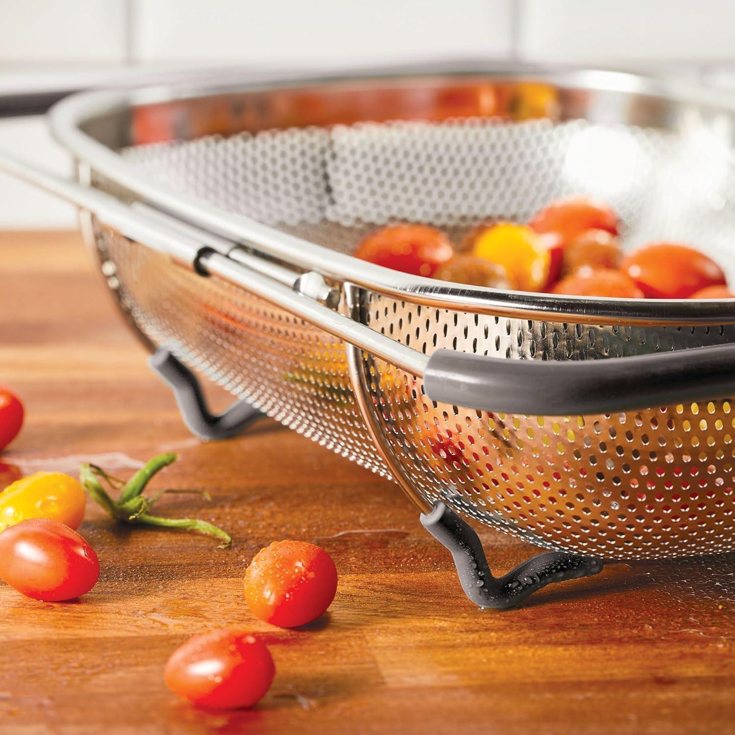 Stainless Steel Over-The-Sink Colander with Gray Handles