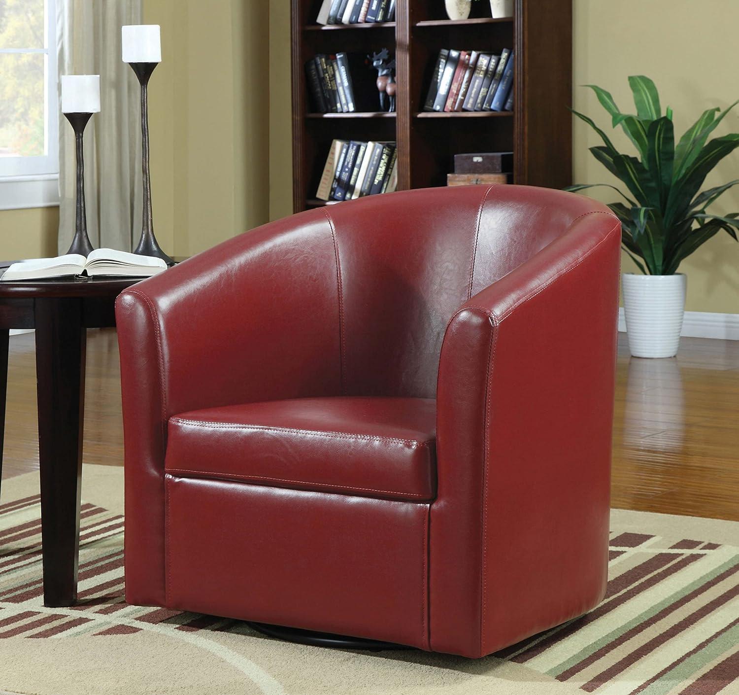 Coaster Contemporary Faux Leather Swivel Barrel Back Accent Chair in Red