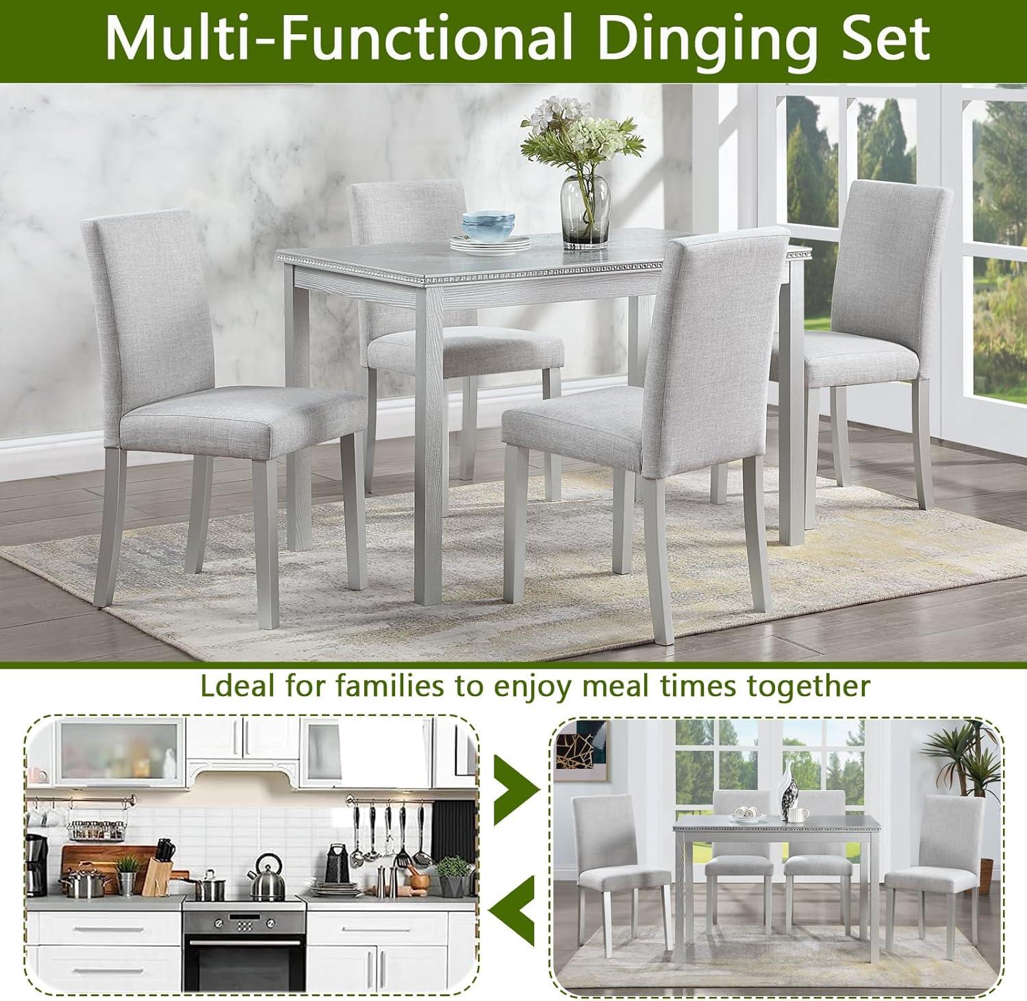 Grey Pine Wood 5-Piece Dining Set with Upholstered Chairs