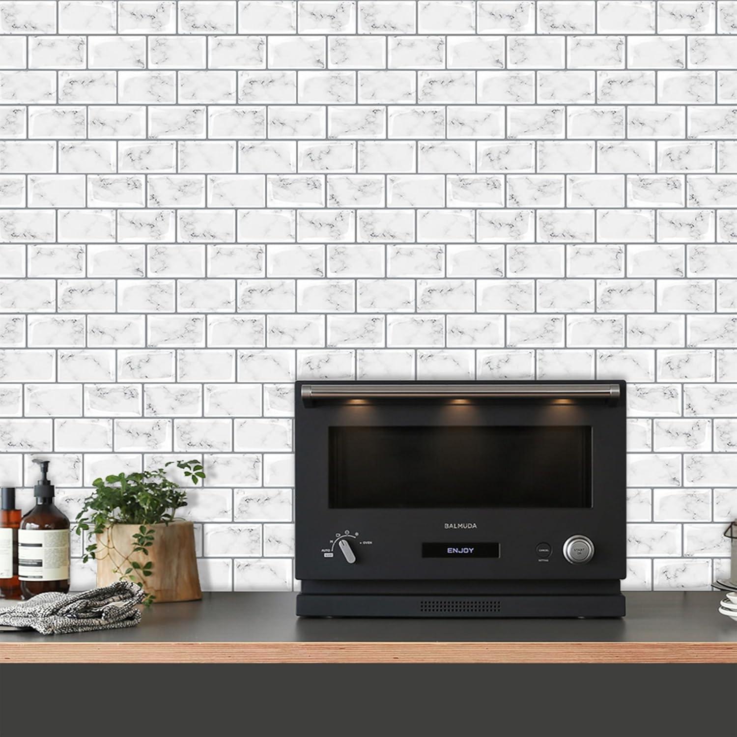 12" x 12" Vinyl Backsplash White Marble Peel & Stick Subway Tile