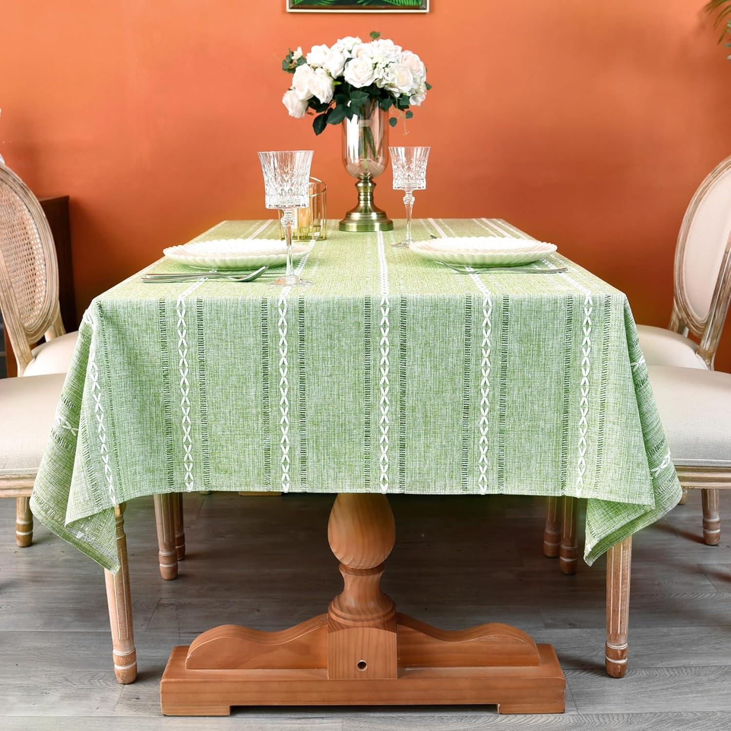 Sage Green Embroidered Cotton Linen Rectangular Tablecloth