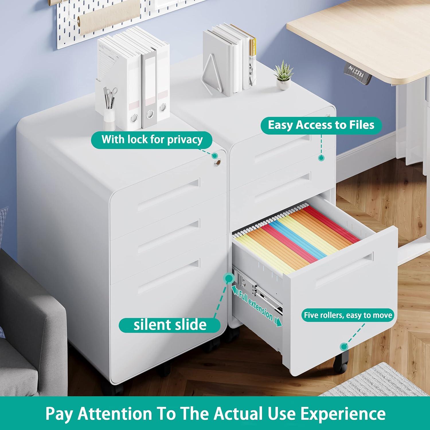 3 Drawer File Cabinet with Lock,Under Desk File Cabinet,White Rolling File Cabinet,Three Drawer Filing Cabinet for Home Office with Wheels,Fit A4/Letter/Legal File,Fully Assembled Except Casters