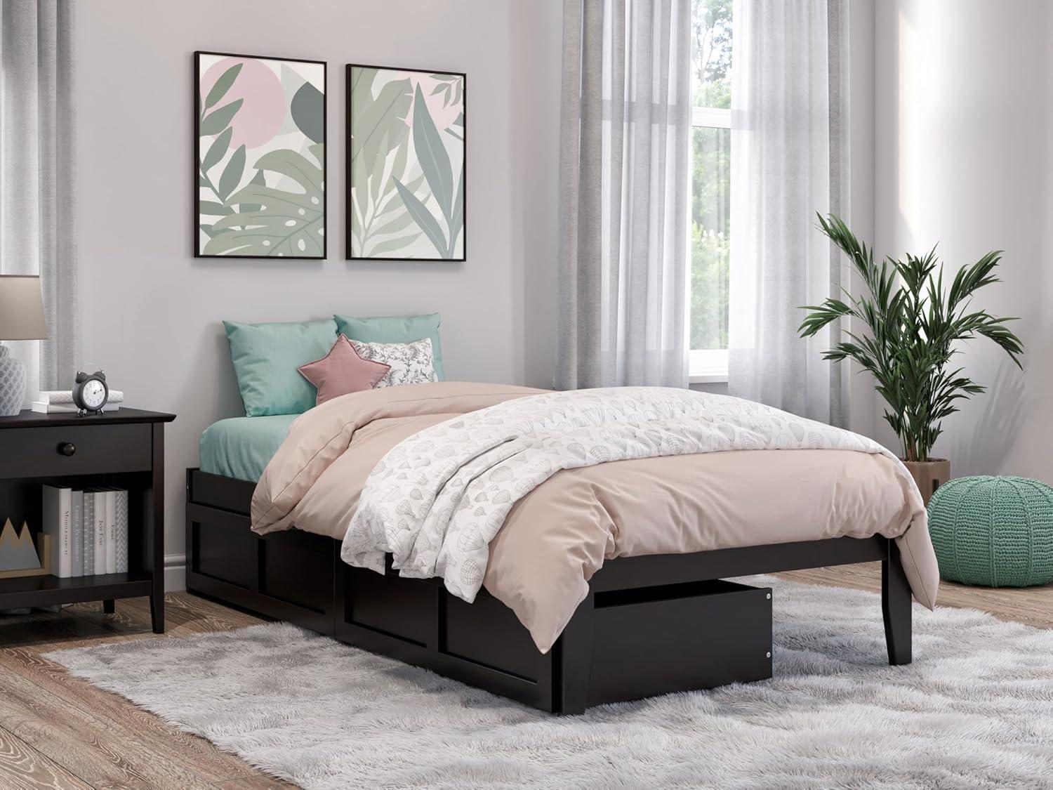 Espresso Twin Wood Platform Bed with 2 Storage Drawers