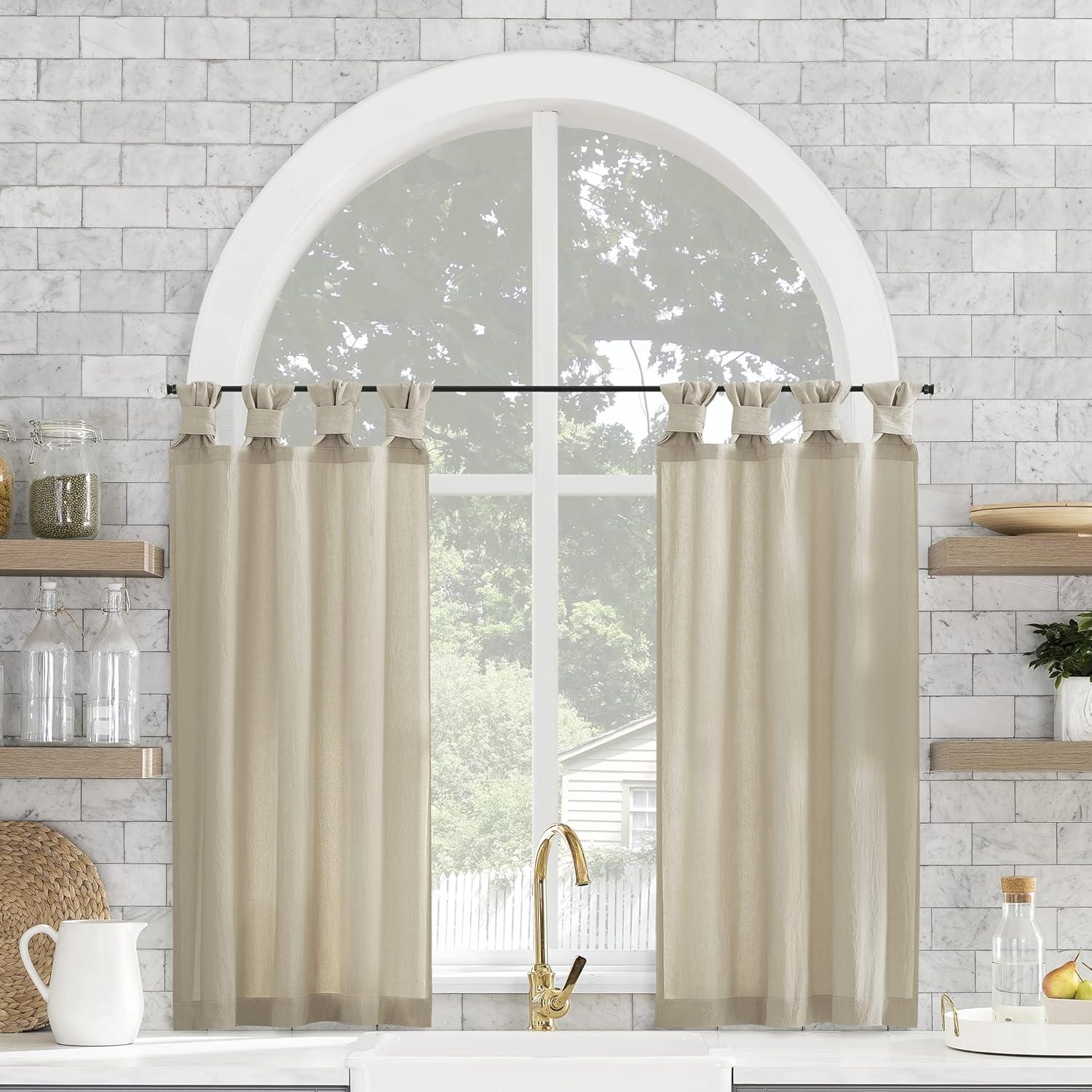 2pc 52"x45" Archaeo Washed Cotton Twist Tab Cafe Curtain Tier Pair Oatmeal: Kitchen Curtains, 45 Inch Long, Solid Beige