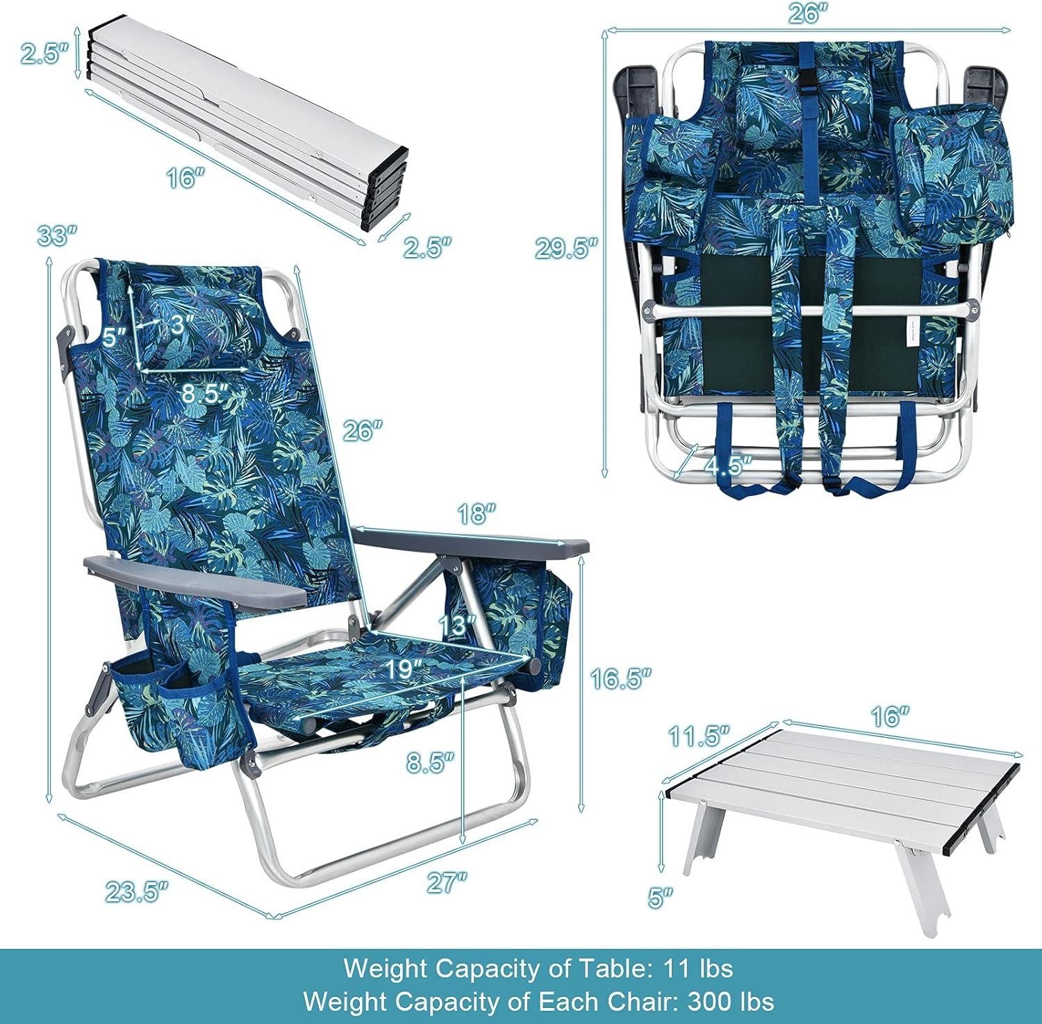 GYMAX Beach Chairs, 2-Pack Backpack Camping Chair with Armrest, Cooler Bag, Cup Holder, Towel Bar & Side Pockets, Sunbath Sling Tanning Lounge, Folding Layout Chairs (Blue Leaves, with Table)