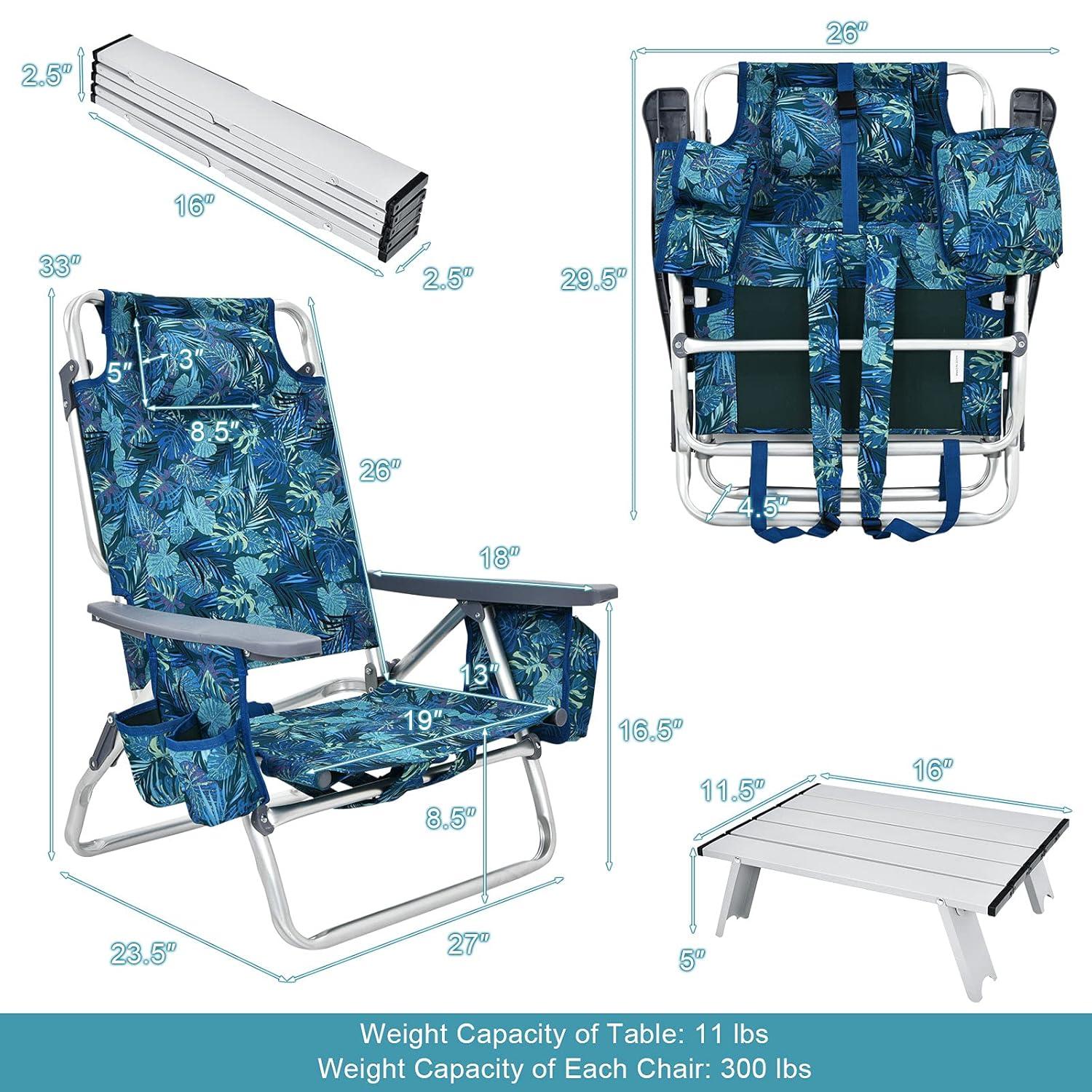 GYMAX Beach Chairs, 2-Pack Backpack Camping Chair with Armrest, Cooler Bag, Cup Holder, Towel Bar & Side Pockets, Sunbath Sling Tanning Lounge, Folding Layout Chairs (Blue Leaves, with Table)