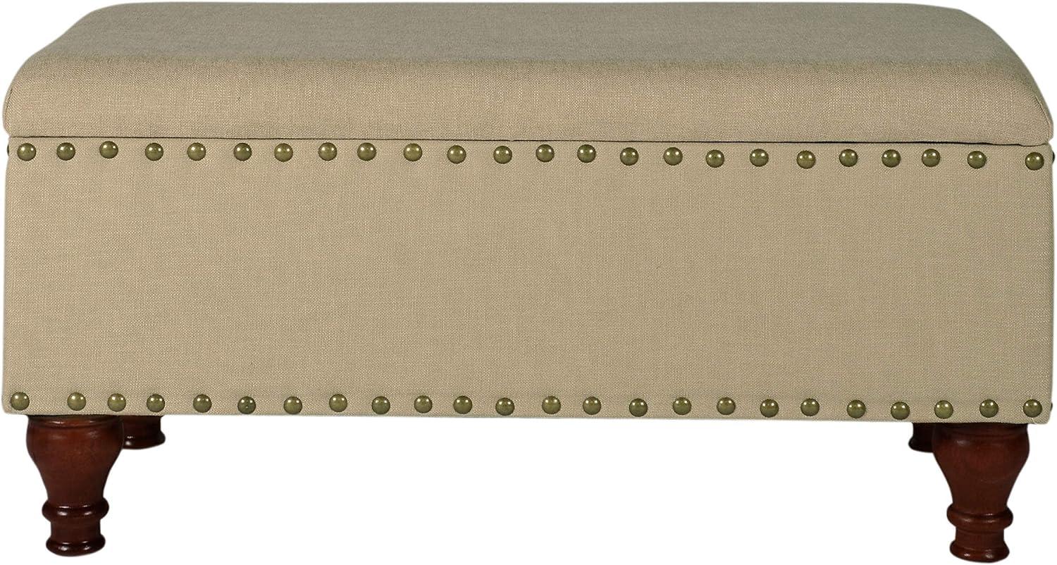 Elegant Tan Upholstered Storage Bench with Nailhead Trim and Wood Legs