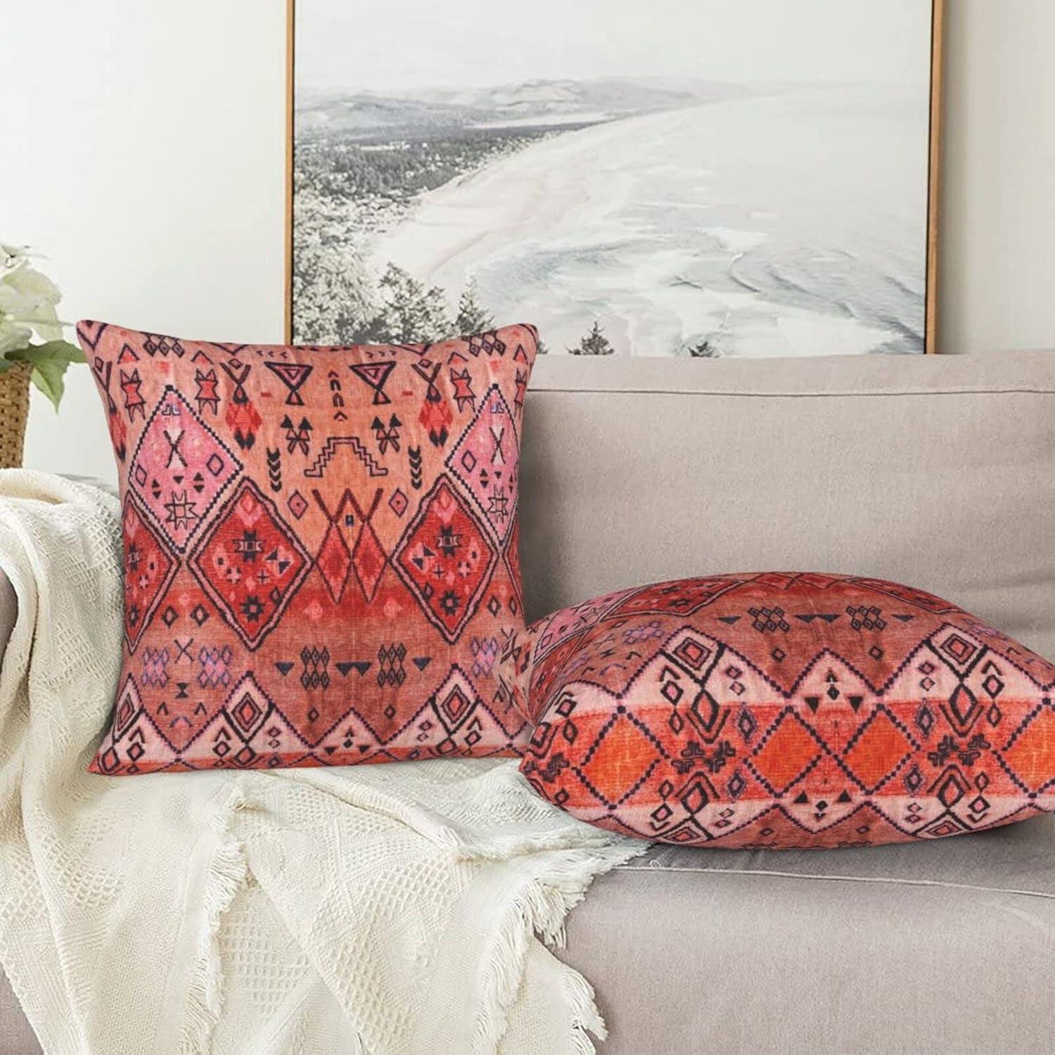 Set of 2 Throw Pillow Cover Boho Farmhouse Oriental Traditional Moroccan Style Throw Pillow Case Soft Velvet Decorative Home Decor Living Room Cushion Case for Bed Couch Car 18x18 Inch