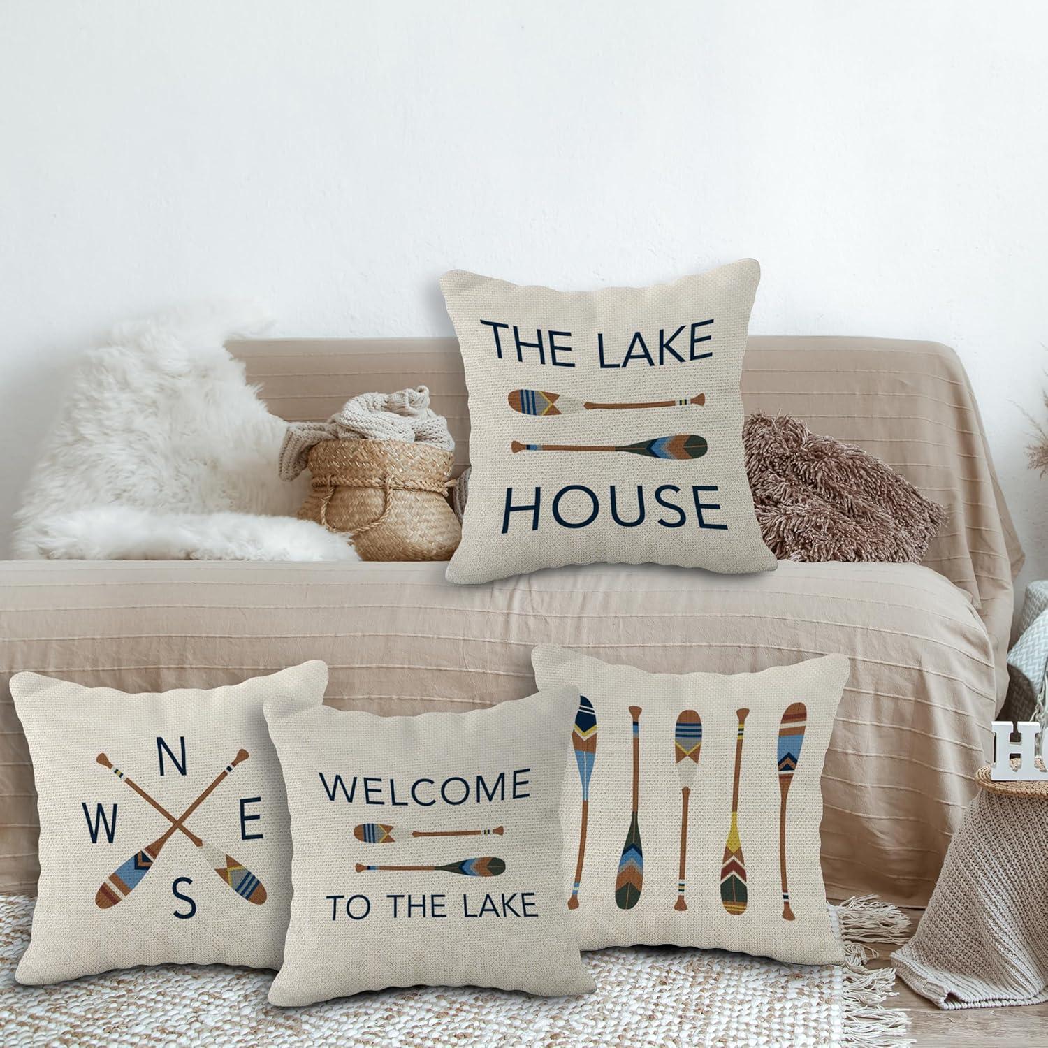 Lake House Decor Lake Pillows Case 20 x 20 Inch Set of 4, Lake Paddle Decor, Lake House Rules Decor, Lake House Decor, Lake House Room Decor Pillows Cover for Sofa Couch Bed (White).