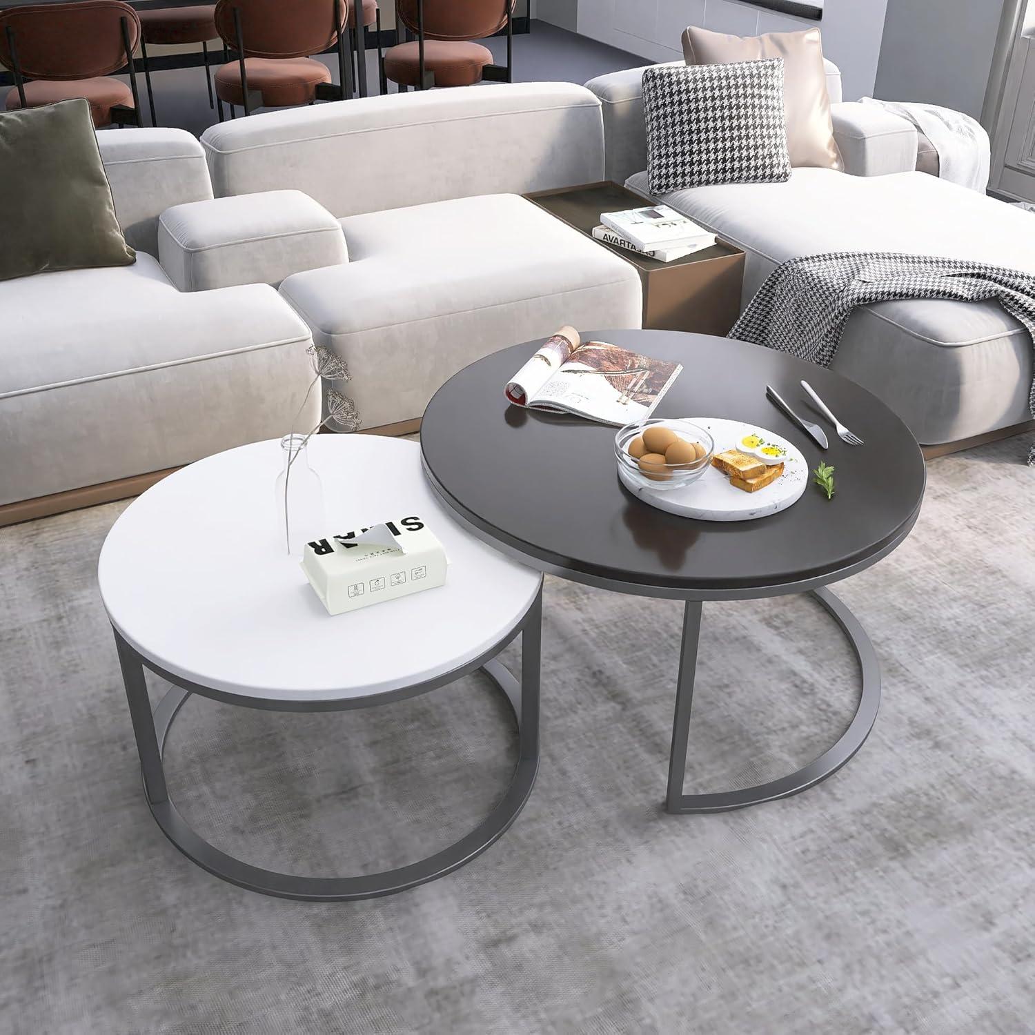 Modern Black and White Round Wood Nesting Coffee Table Set