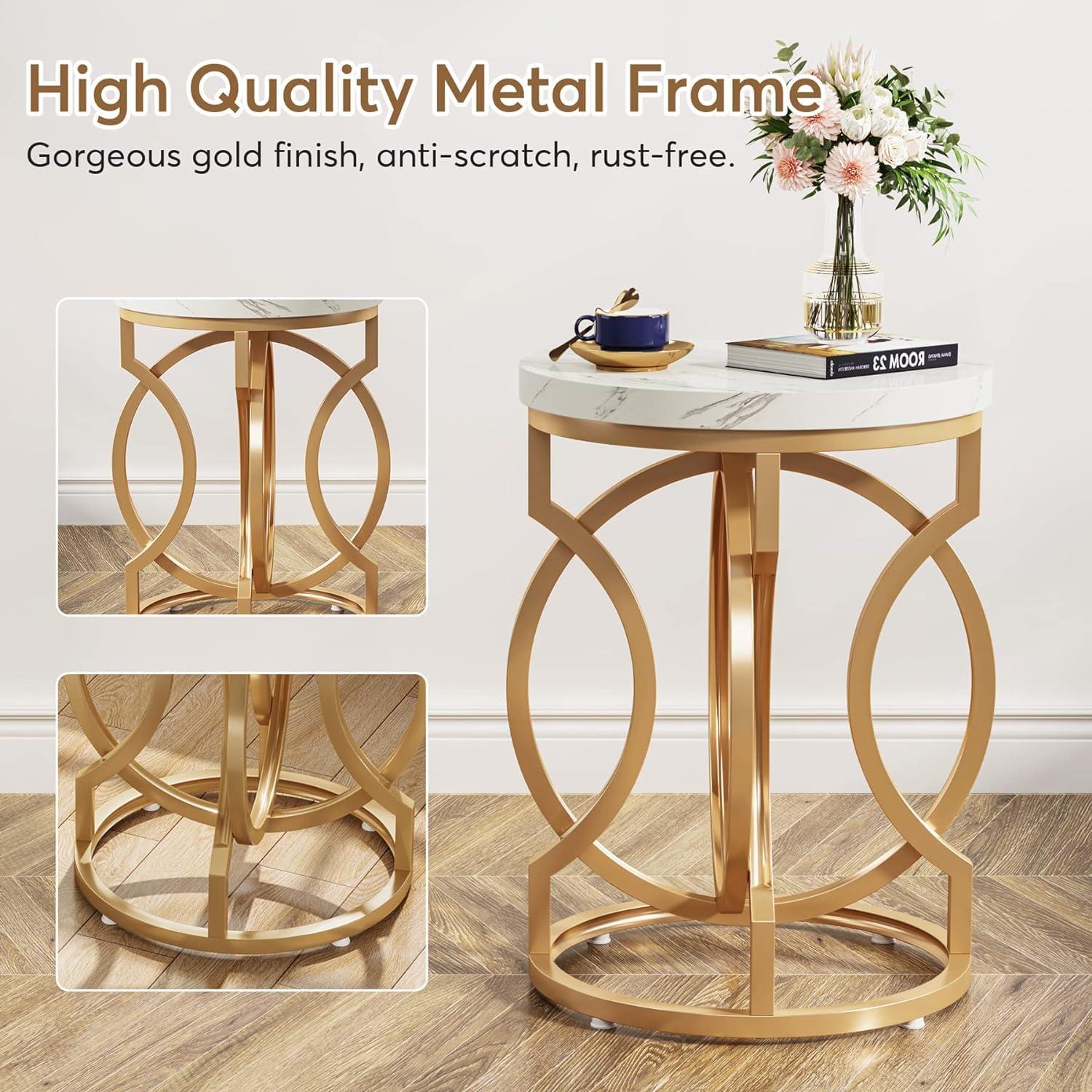Tribesigns Morden Round End Table with Faux Marble White Top, 20" Sofa Side Table Coffee Table Cocktail Table with Unique Gold O-shaped Base for Living Room Bedroom