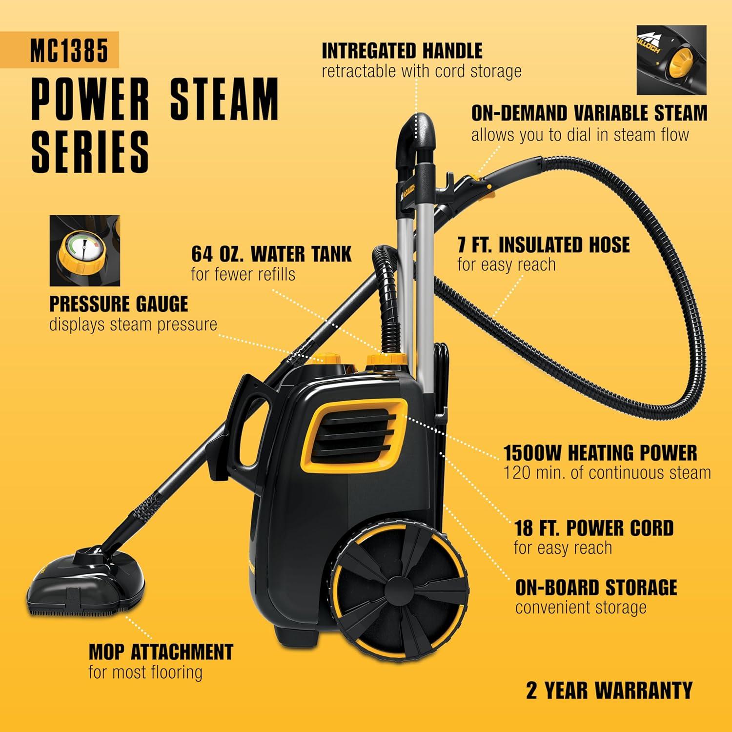 McCulloch MC1385 Deluxe Canister Steam Cleaner, 2-Hour Runtime, Chemical-Free, 23 Accessories: Mop Head, Brushes & More