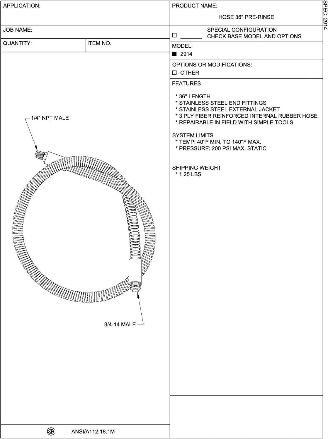 36 Inch Stainless Steel Pre-Rinse Replacement Hose