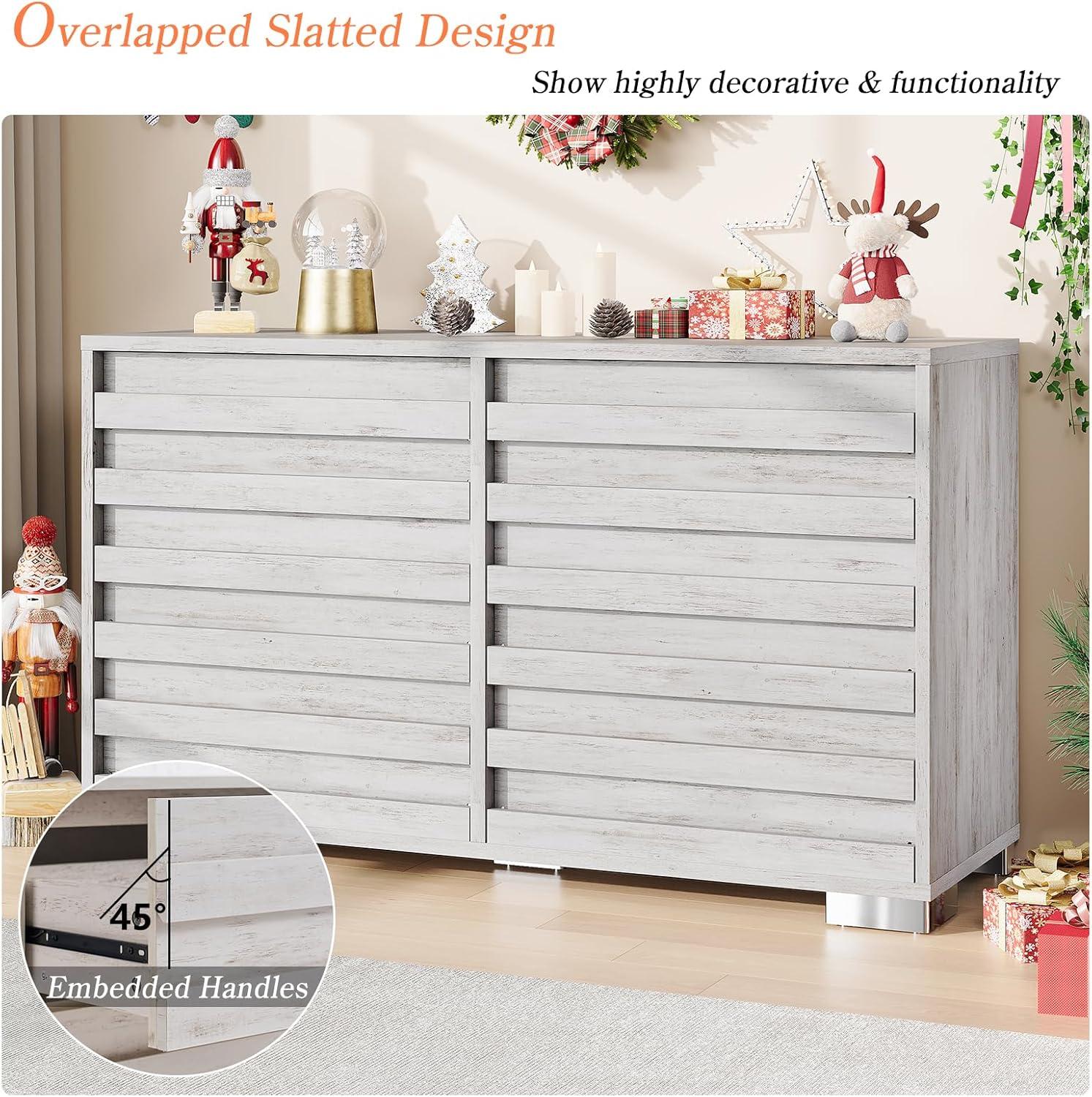 Farmhouse 6 Drawers Dresser for Bedroom, Chest of Drawers with Hidden Handles & Quick Install with Pre Installed Slide, 54" Rustic TV Stand for Living Room, Entryway, Distressed White