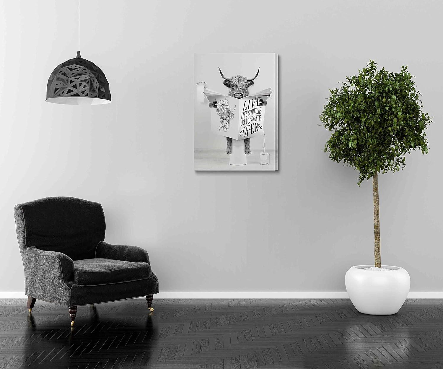 Modern Black Framed Highland Cow Wall Art Minimalist Bathroom Wall Decor Cute Funny Animals Artwork Canvas Prints Ready to Hang for Guest Bathroom, Hotel, Condo, Kids Bathroom, 12”x16”