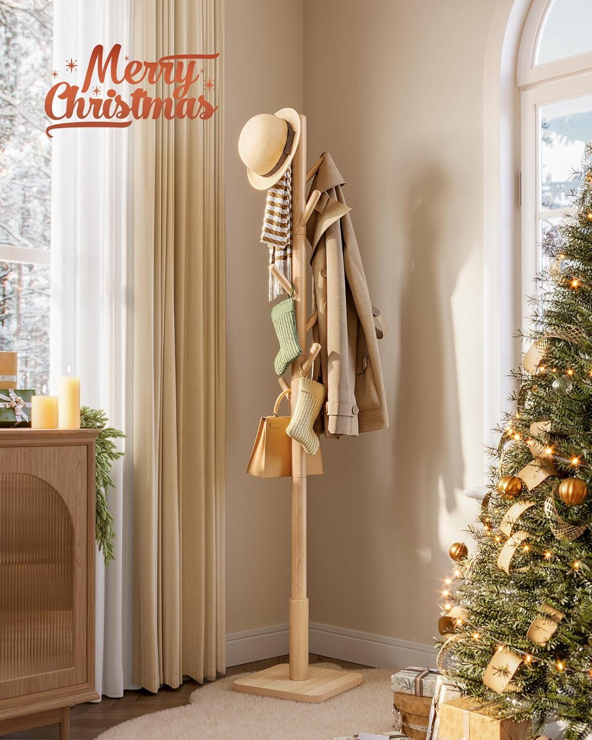 Coat Rack, Solid Wood Coat Stand, Freestanding Hall Tree, 8 Hooks, Natural Beige URCR010N01