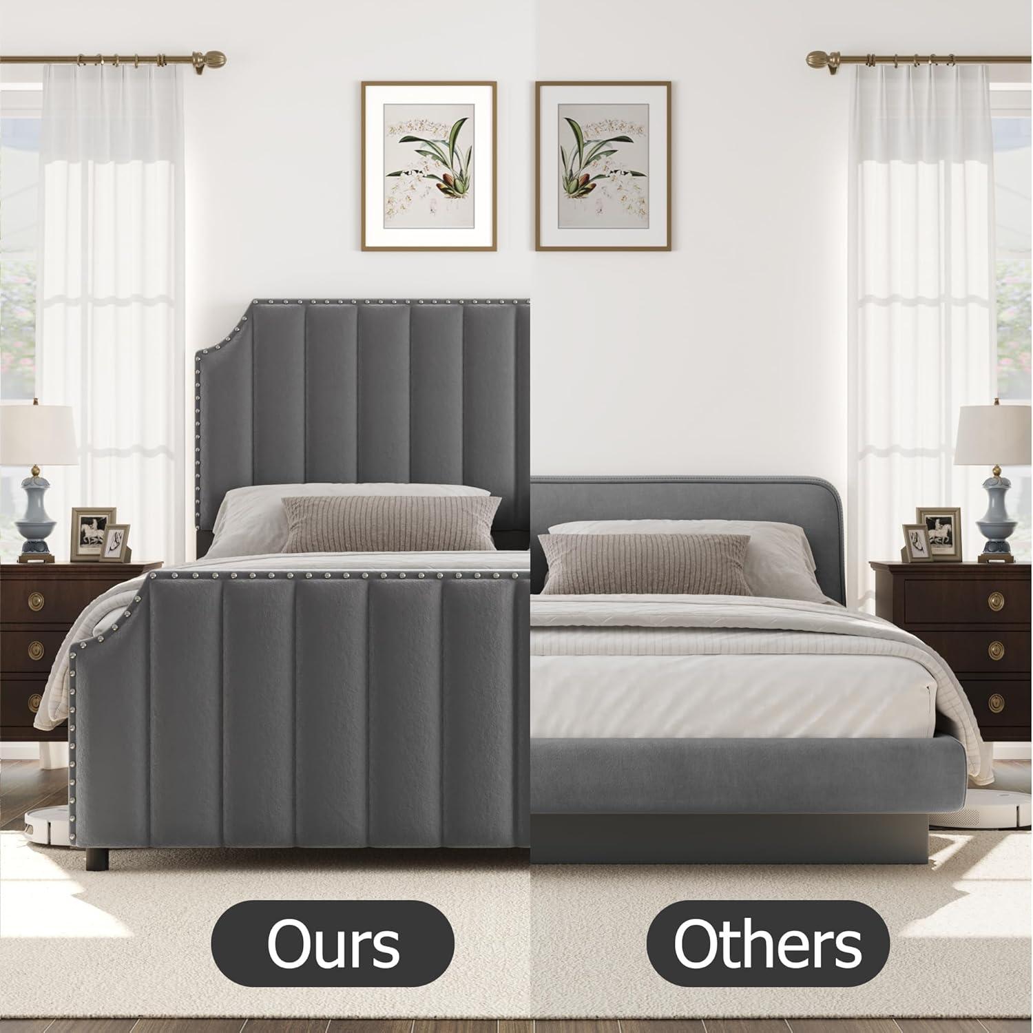 Queen Size Platform Bed Frame with 50.2" Headboard, Velvet Upholstered Bed Frame Queen with Vertical Channel Tufted Headboard & Footboard,Light Gray