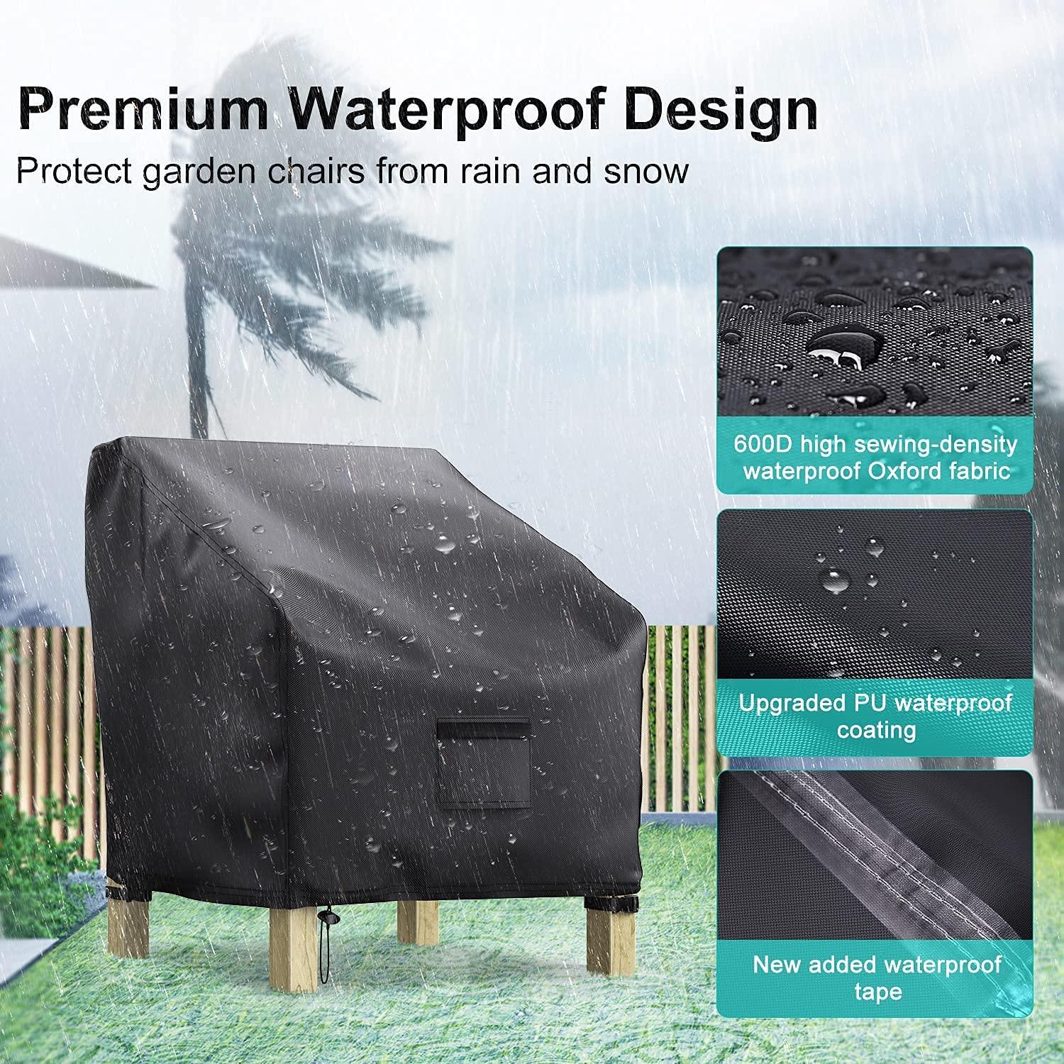 Patio Chair Covers for Outdoor Furniture Waterproof 2 Pack, Lawn Chair Covers 600D Heavy Duty Oxford Cloth, Large Covers for Lounge Lawn Deep Seat Black 29" W×30" D×36" H