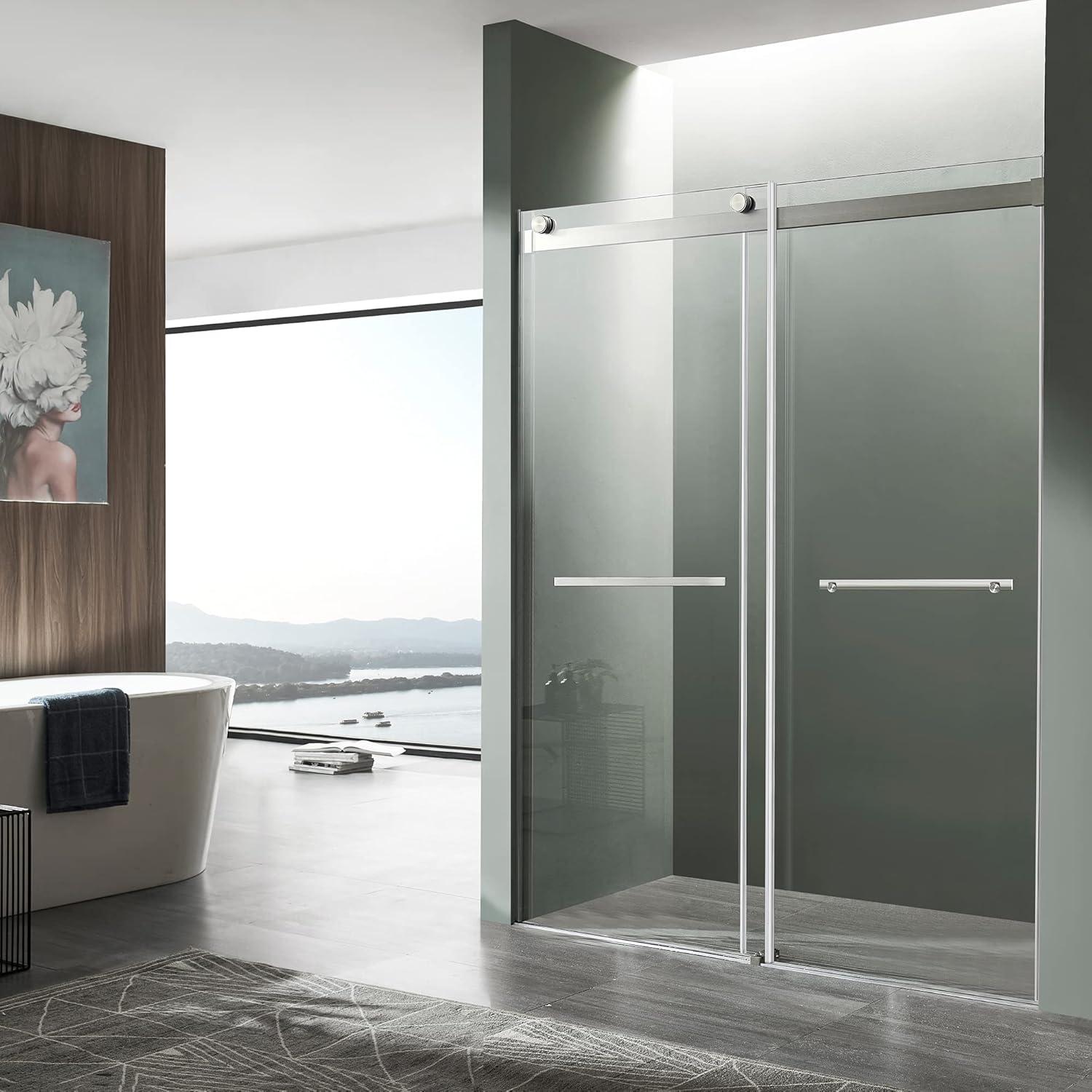 76" Frameless Clear Glass Sliding Shower Door in Brushed Nickel