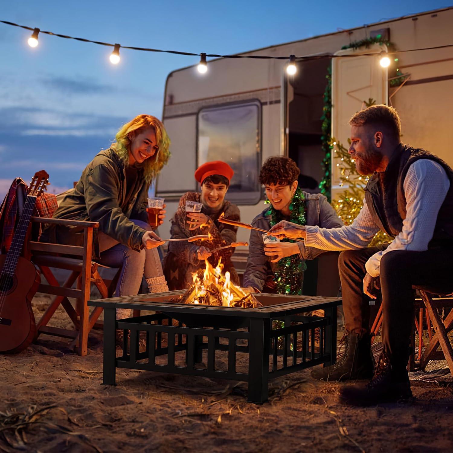 Devoko Outdoor 32" Square Metal Fire Pit with Cover and Poker, Black