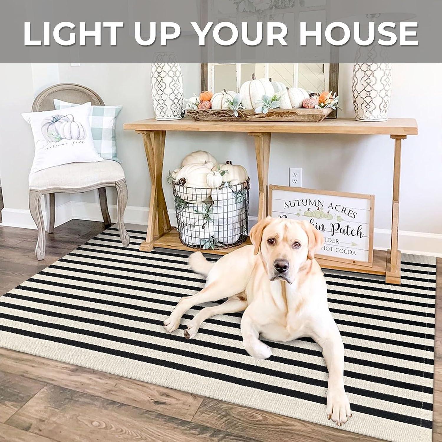 IOHOUZE Navy and White Striped Rug 2'x3' Front Door Rugs, Small Washable Area Rug for Front Porch, Spring Summer Doormats Outdoor Indoor, Cotton Rugs for Entryway Porch Entrance