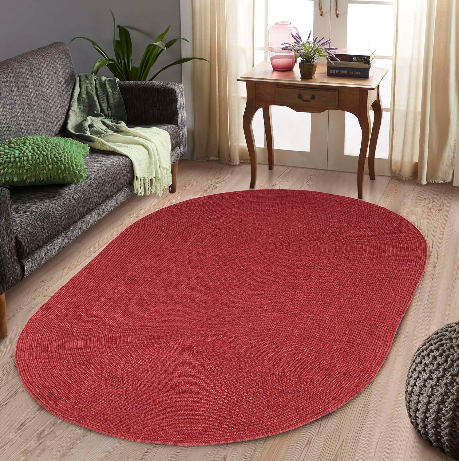 Burgundy Oval Braided Synthetic Reversible Area Rug 3' x 5'