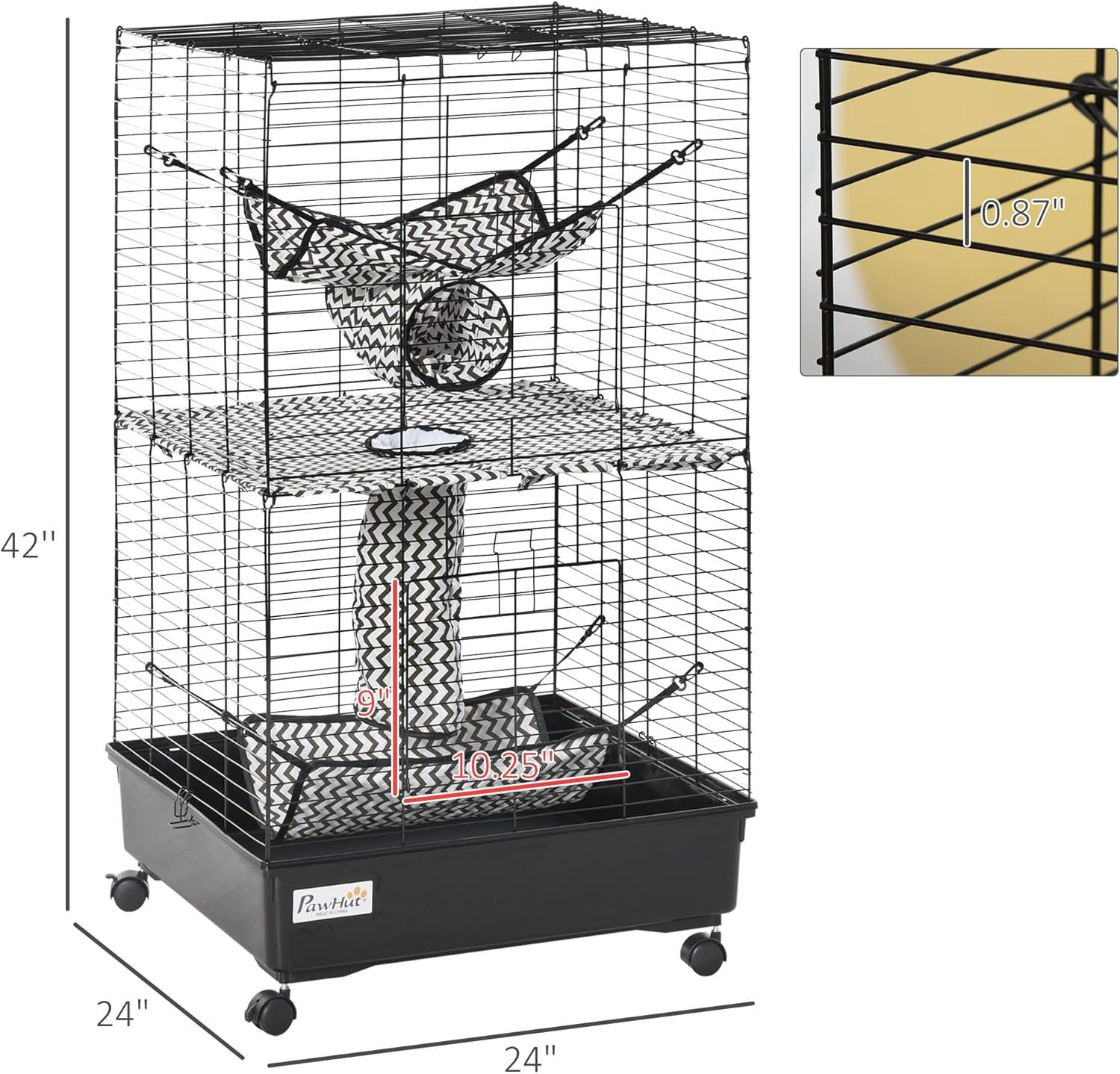 PawHut Small Animal Cage Habitat for Ferret with Wheels Hammocks Tunnels and 3 Doors, Black