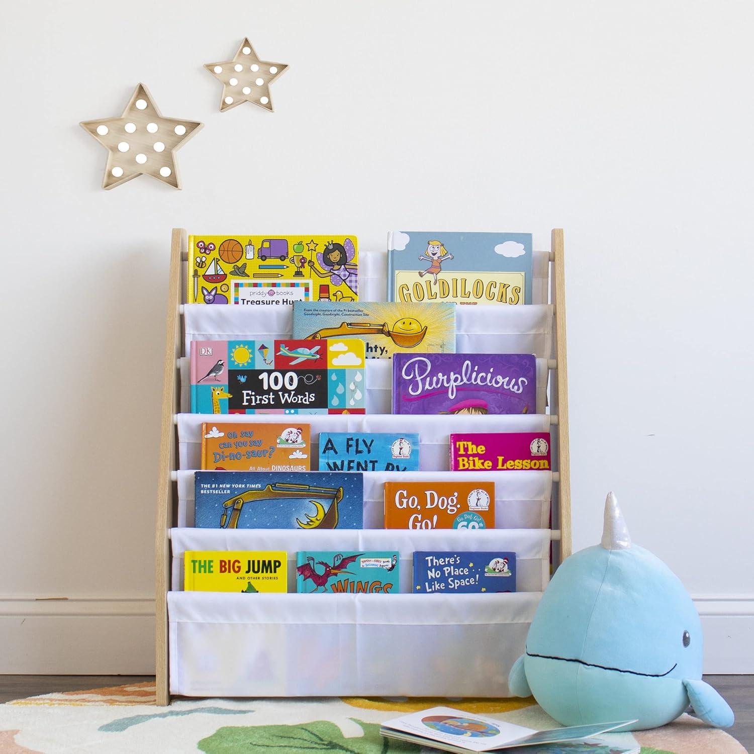 Kids' Supersize 6 Tier Bookrack White/Natural - Humble Crew: Sling Book Rack, MDF Frame, Divided Storage, 30" Height