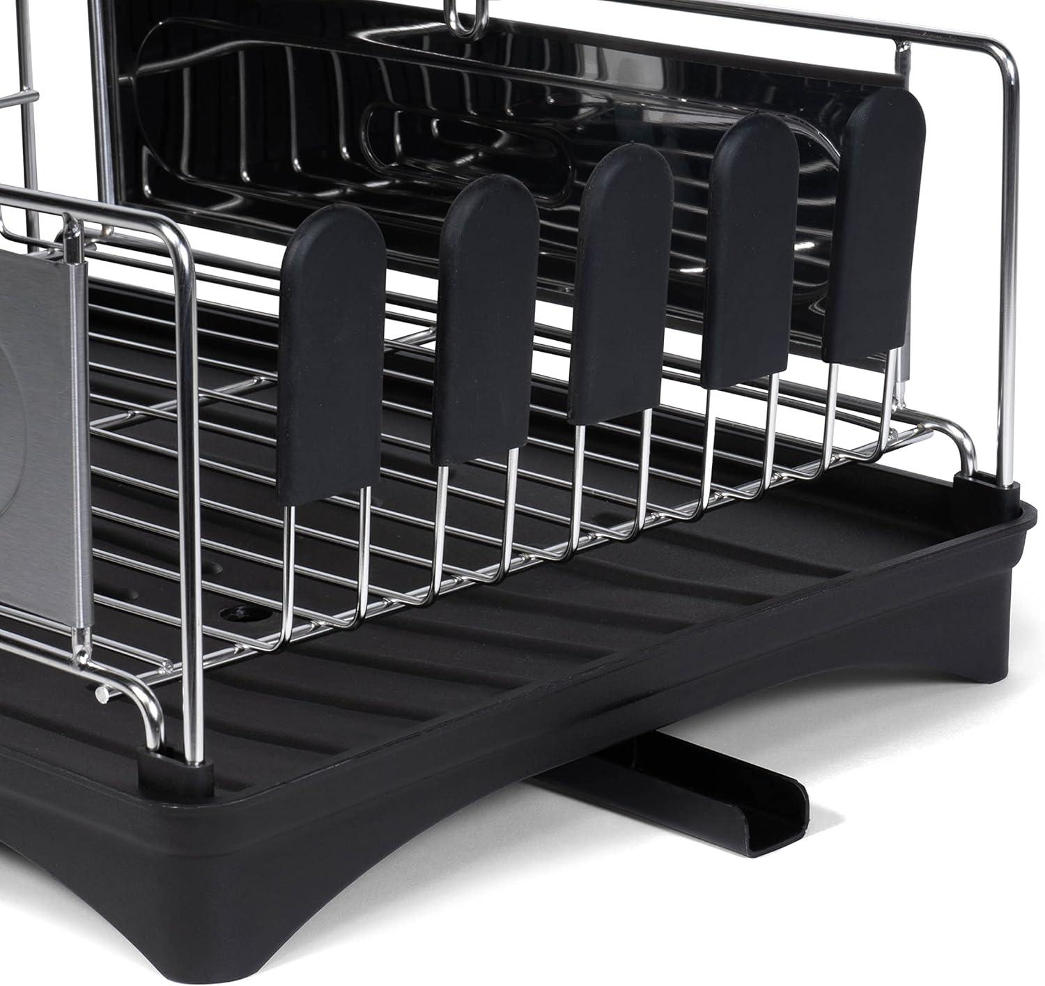 happimess Compact 18.25" 2-Tier Fingerprint-Proof Stainless Steel Dish Drying Rack with Swivel Spout Tray, Stainless Steel/Black