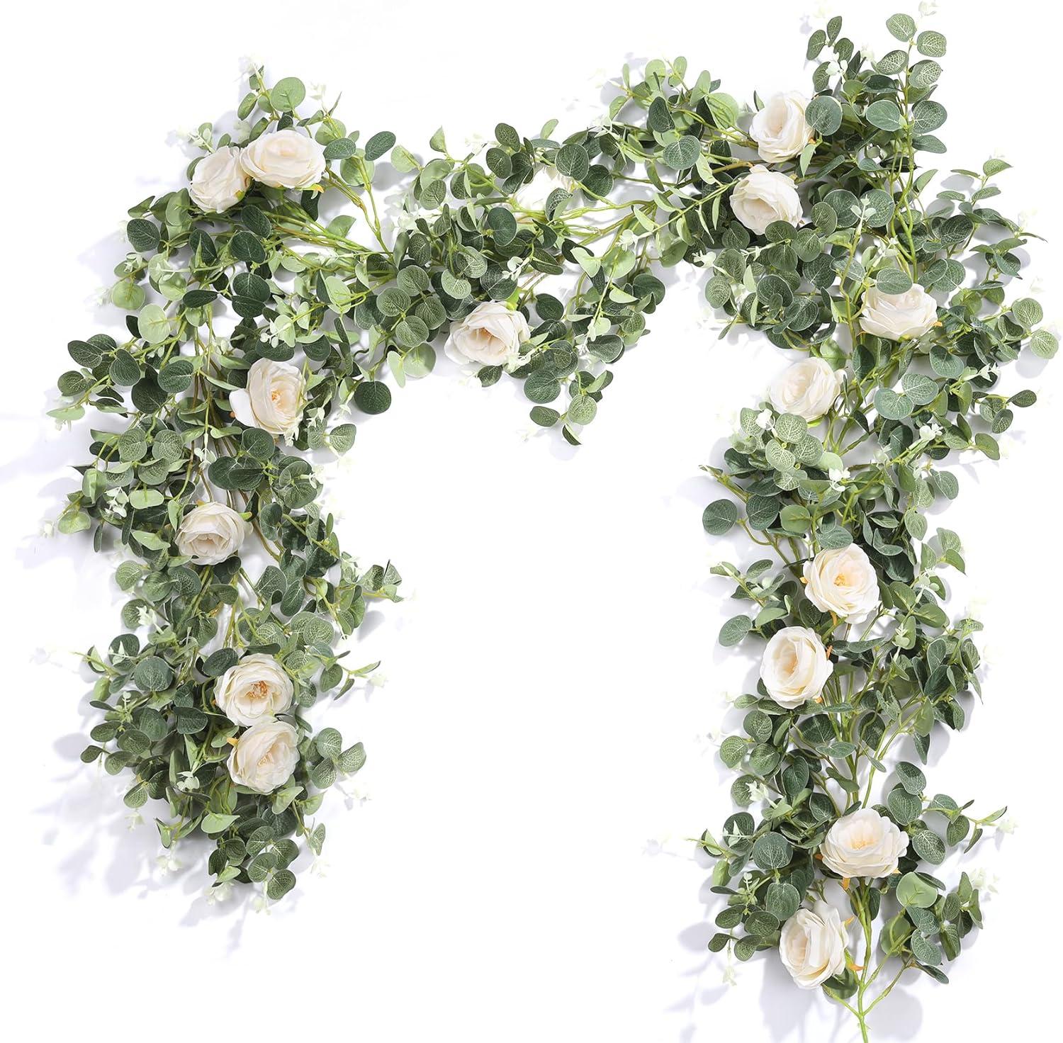 13Ft White Rose and Eucalyptus Artificial Garland Set