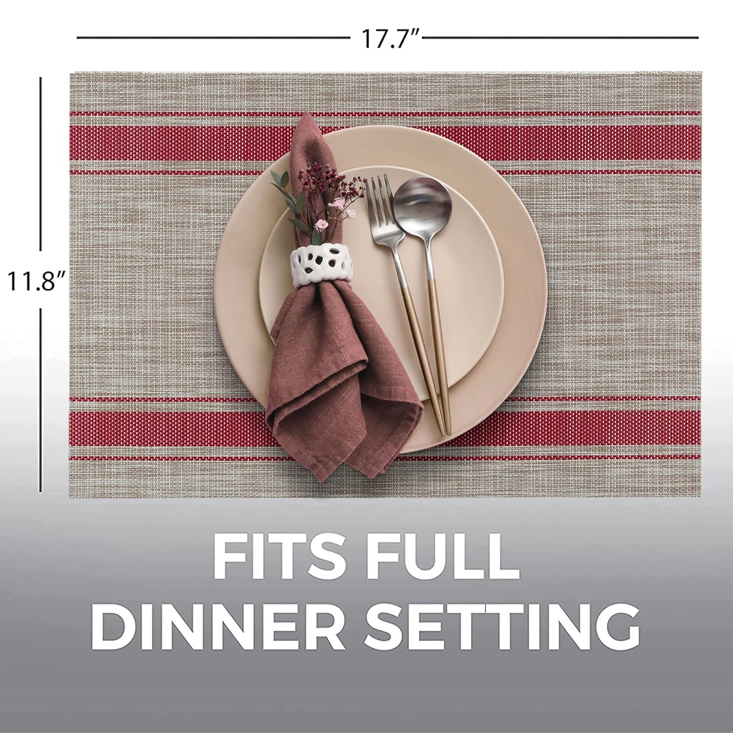 More Décor Dining Table Placemats, Washable Heat-Resistant PVC Vinyl Table Mats for Dining Room and Kitchen, Anti-Slip - Set of 6 - Horizontal Striped Red - Grey