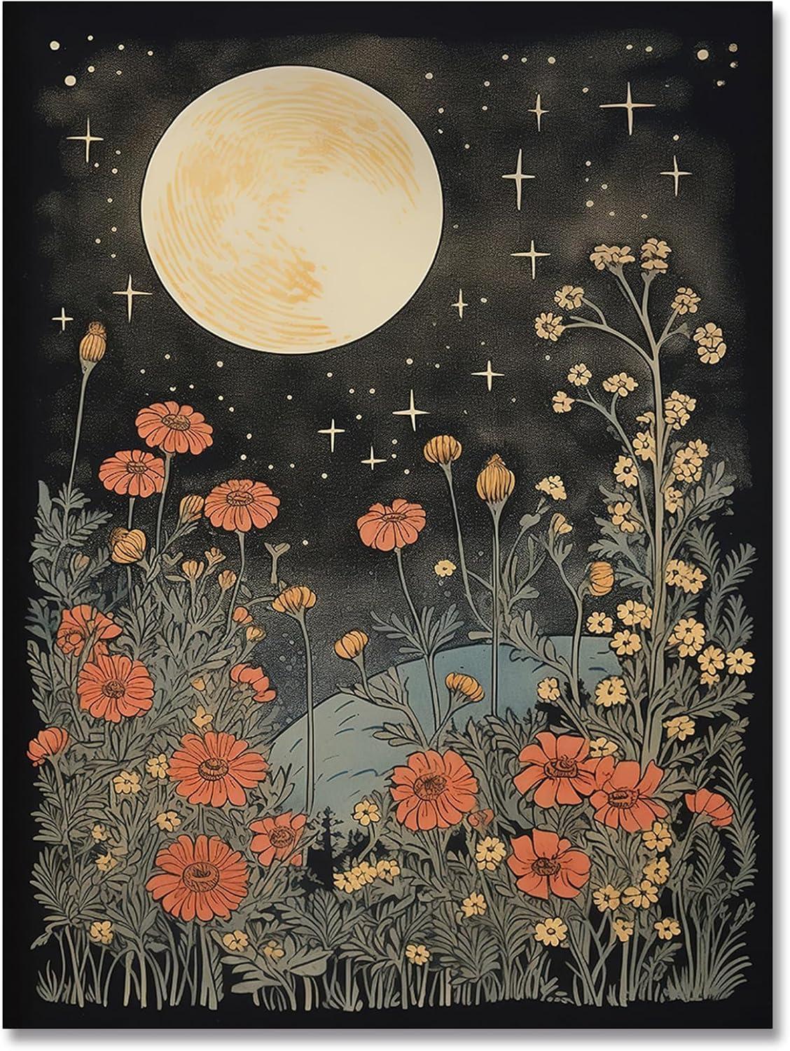 Celestial Star Canvas Wall Art，Vintage Poster，Dark Aesthetic Moon Stars and Flowers Decor, Prints Goth Room Picture Witchy Gothic Wall Decor for Living Room Bedroom 12 x 16 in Unframed