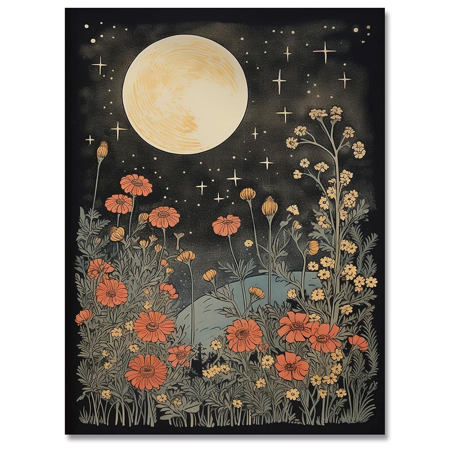 Celestial Star Canvas Wall Art，Vintage Poster，Dark Aesthetic Moon Stars and Flowers Decor, Prints Goth Room Picture Witchy Gothic Wall Decor for Living Room Bedroom 12 x 16 in Unframed