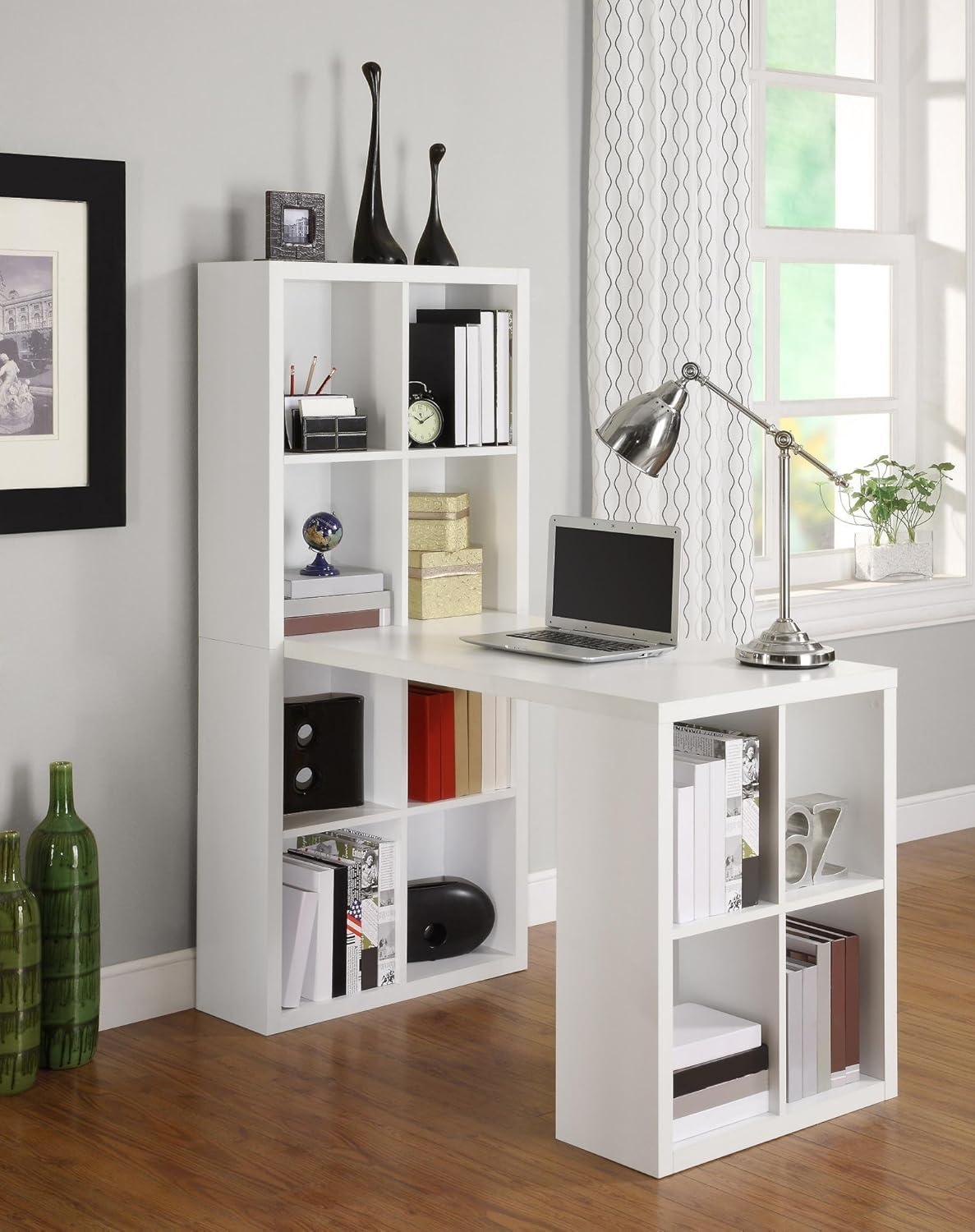 White Engineered Wood Contemporary Office Desk with Storage Cubbies