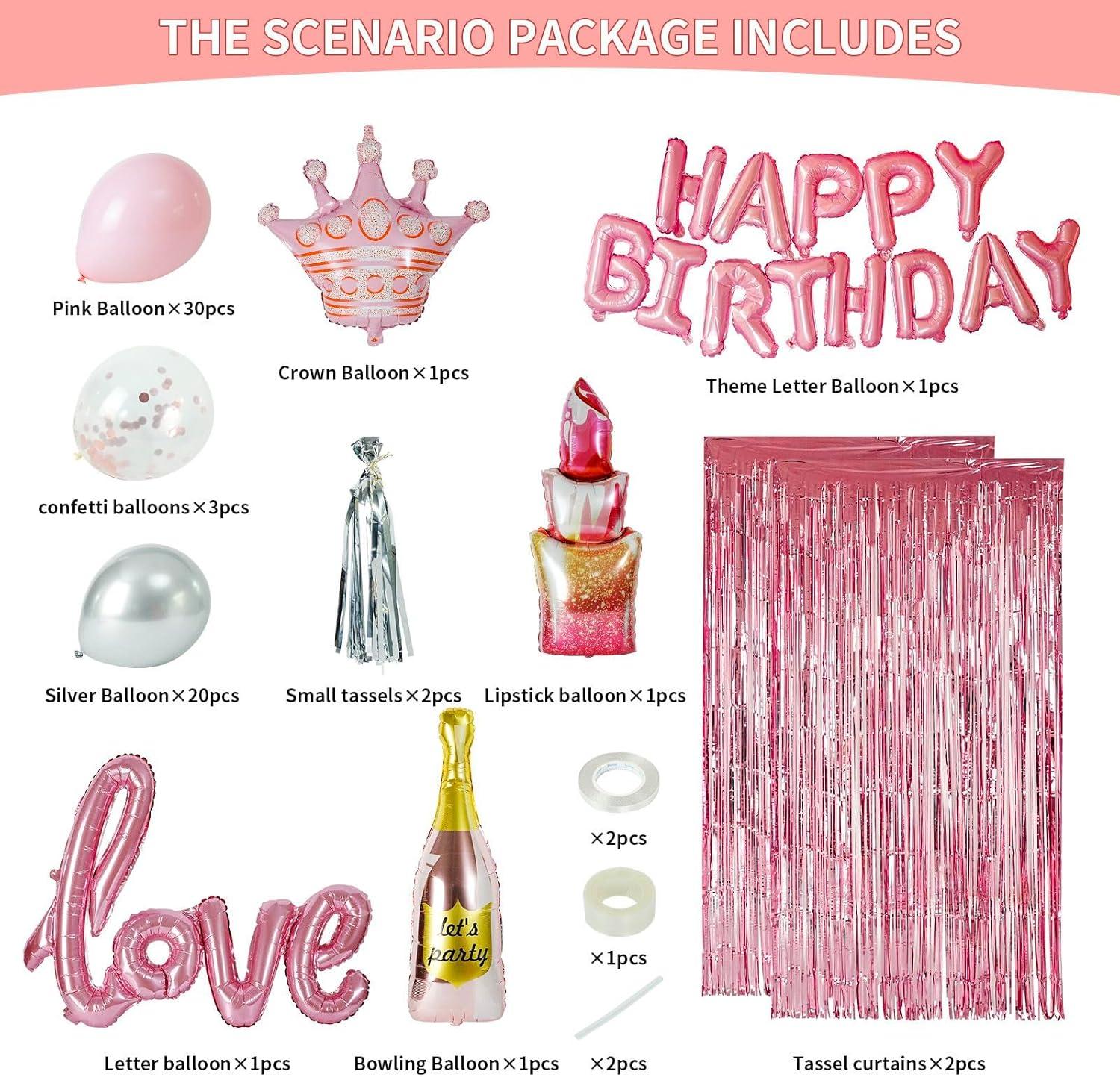 Pink and Silver Birthday Party Decoration Set with Balloons and Banner