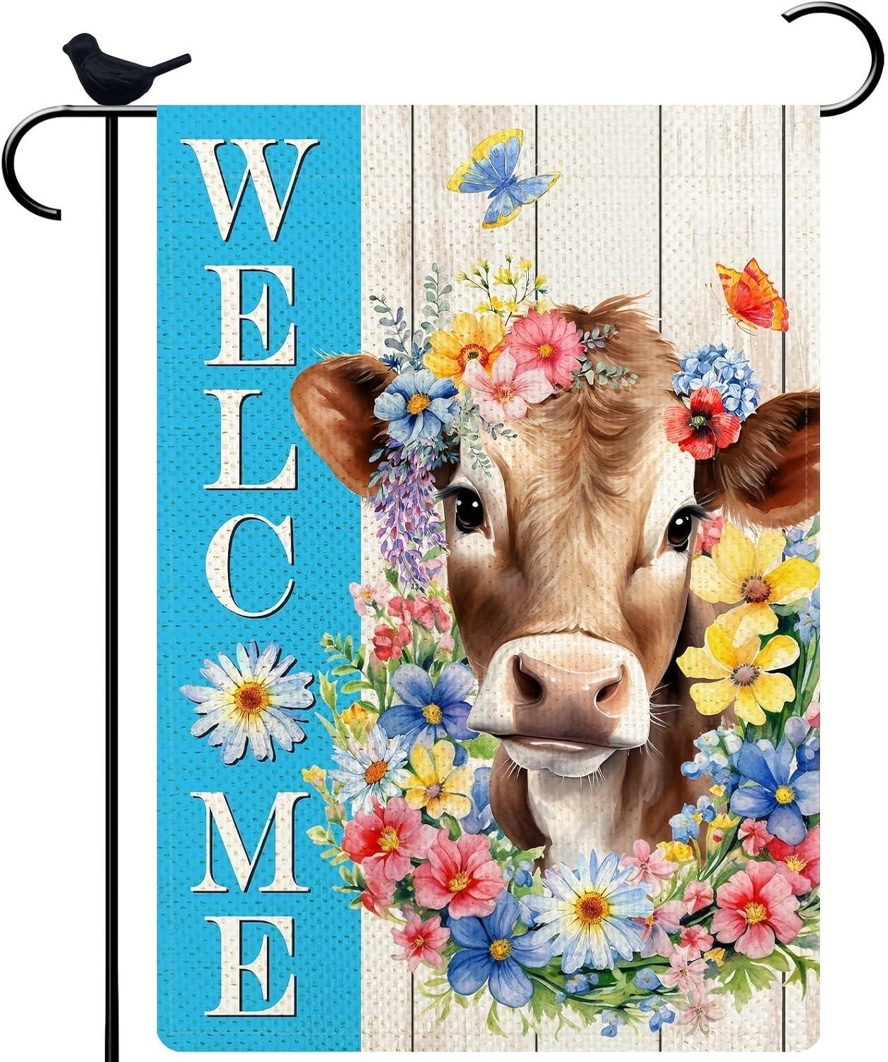 Spring Welcome Cow Garden Flag 12 x 18 inch Double Sided Outside decorations,Funny Cute Animal Flower Butterfly Small Garden Flags For Outdoor Yard Lawn