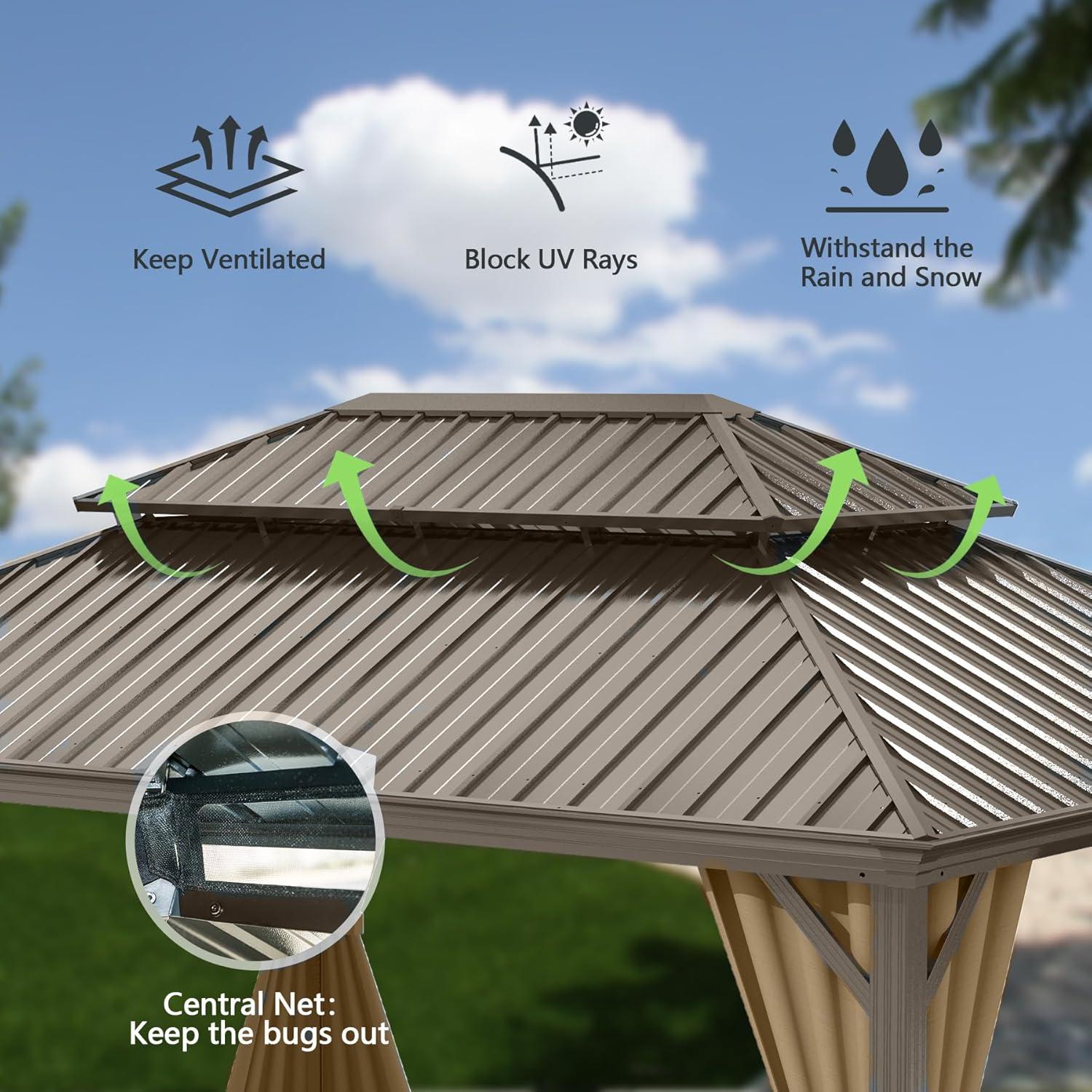 Barton 10x14 Gazebo, Hardtop Gazebo With Aluminum Frame, Double Galvanized Steel Roof, Curtains and Netting Included, Metal Gazebos Pergolas for Patios, Garden, Parties, Lawns
