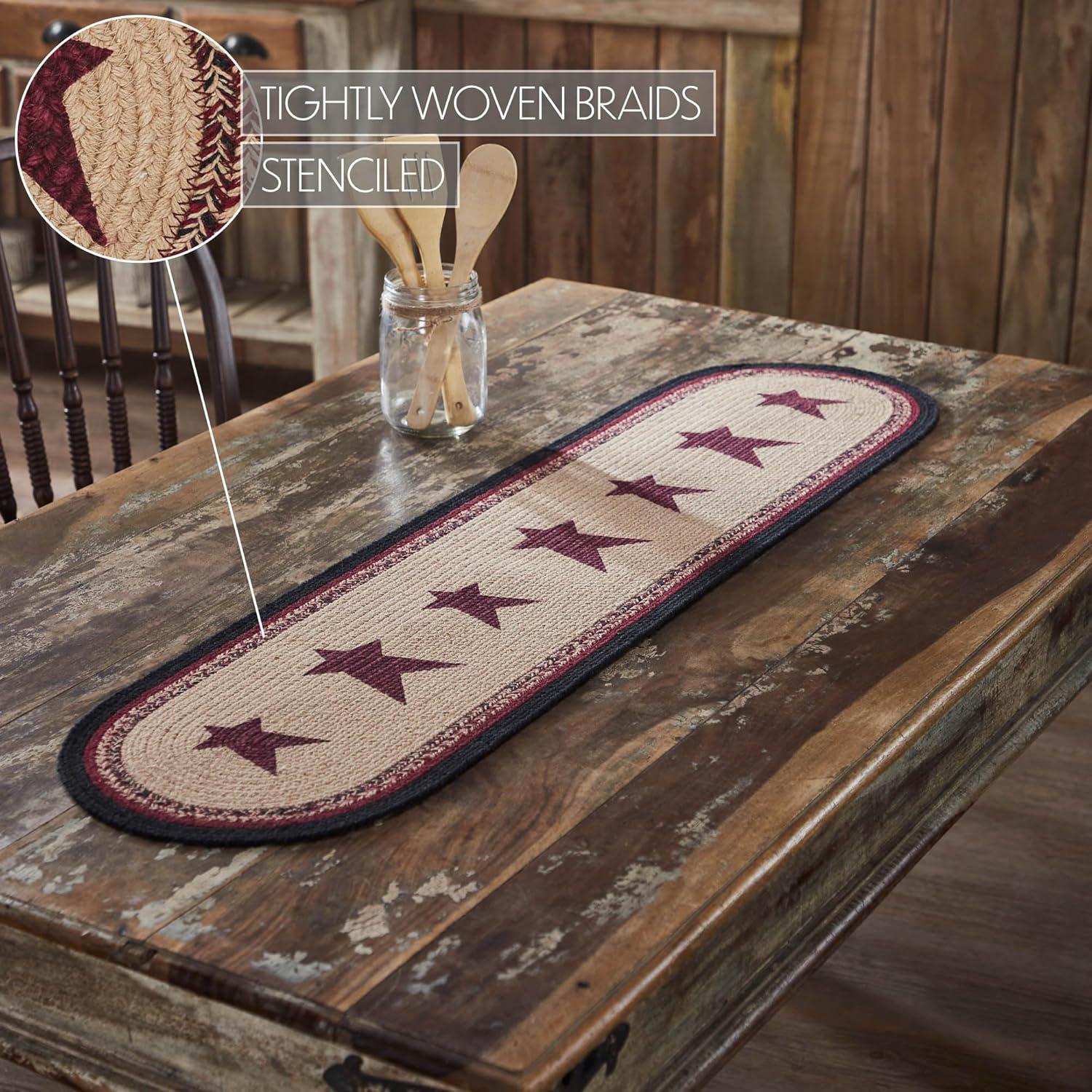 Rustic Burgundy Star Braided Cotton Polyester Table Runner 12x48